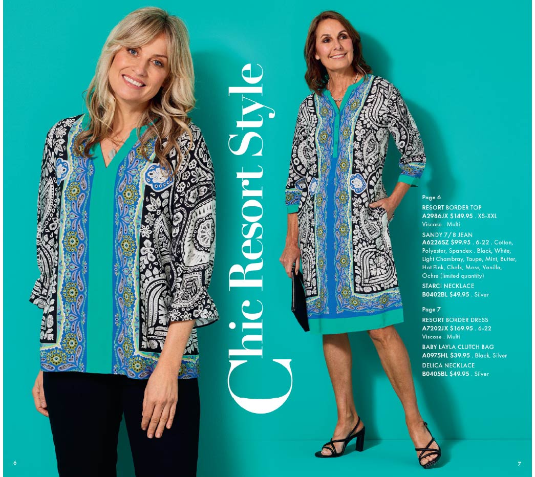 Catalogue image shwing models wearing Chic Resort Top and Resort Dress