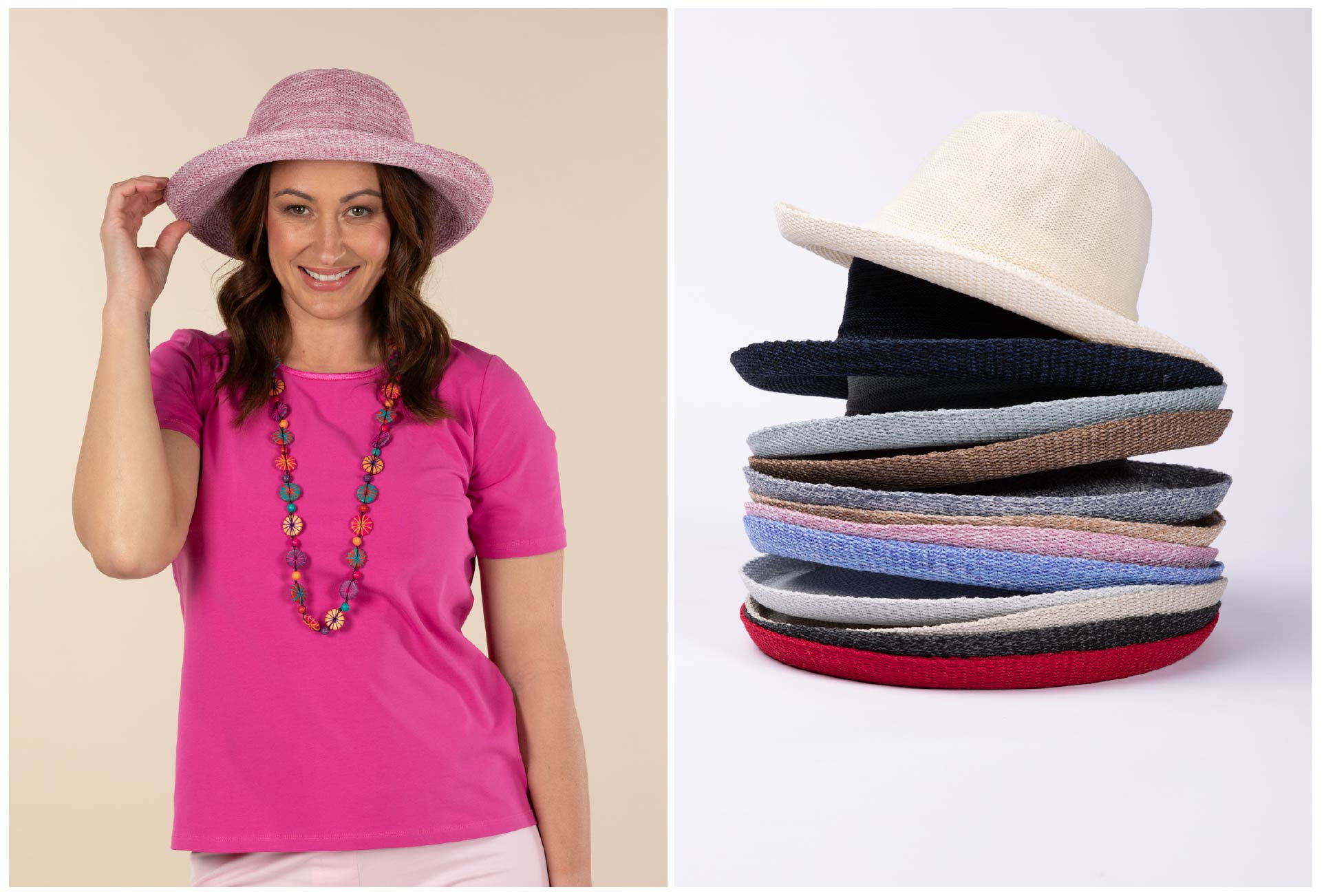 Sunhats in 13 colours such as pink, blue, red, black and navy blue