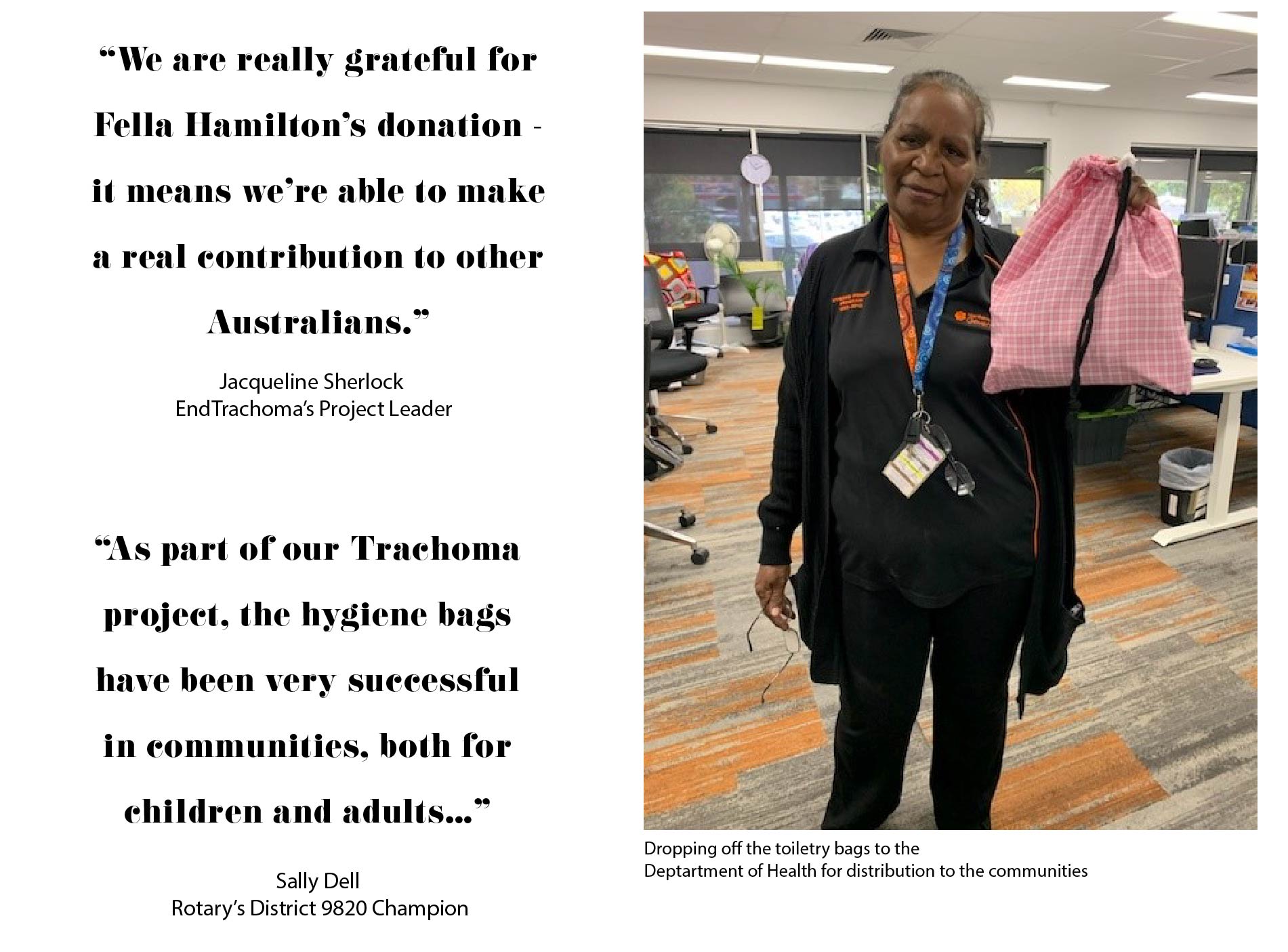quotes from rotary club members & bags being distributed