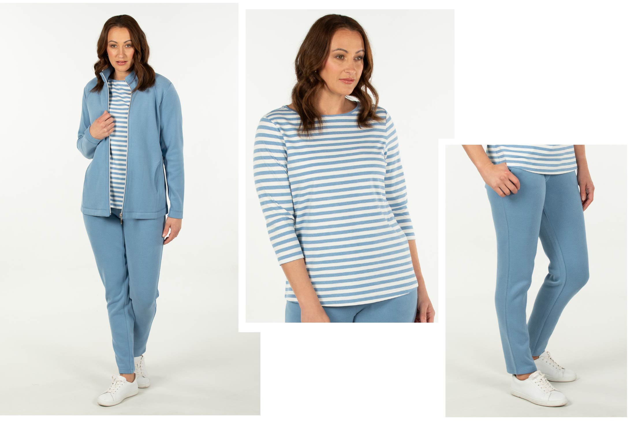 Leisurewear jacket and pant and stripe top in light blue