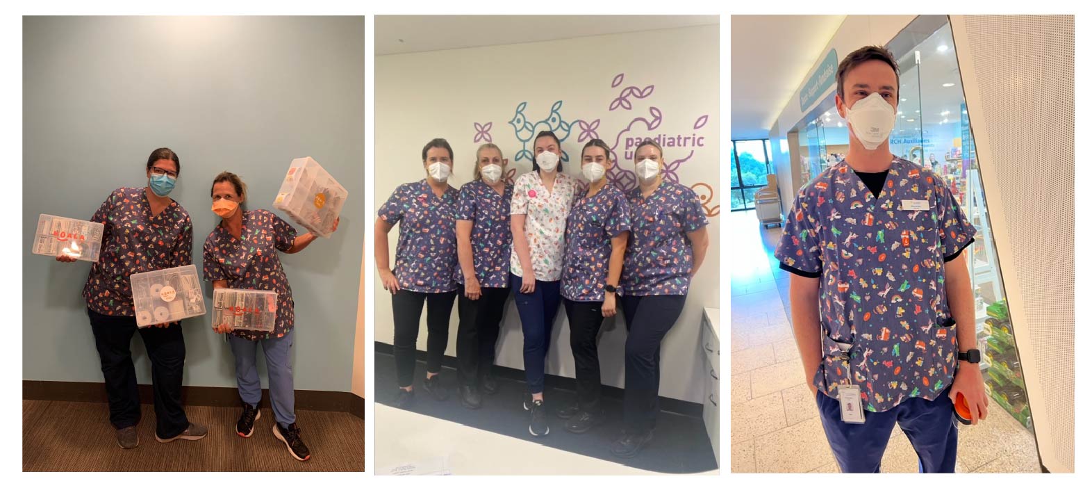 Healthcare workers wearing the Koala Kids scrub tops