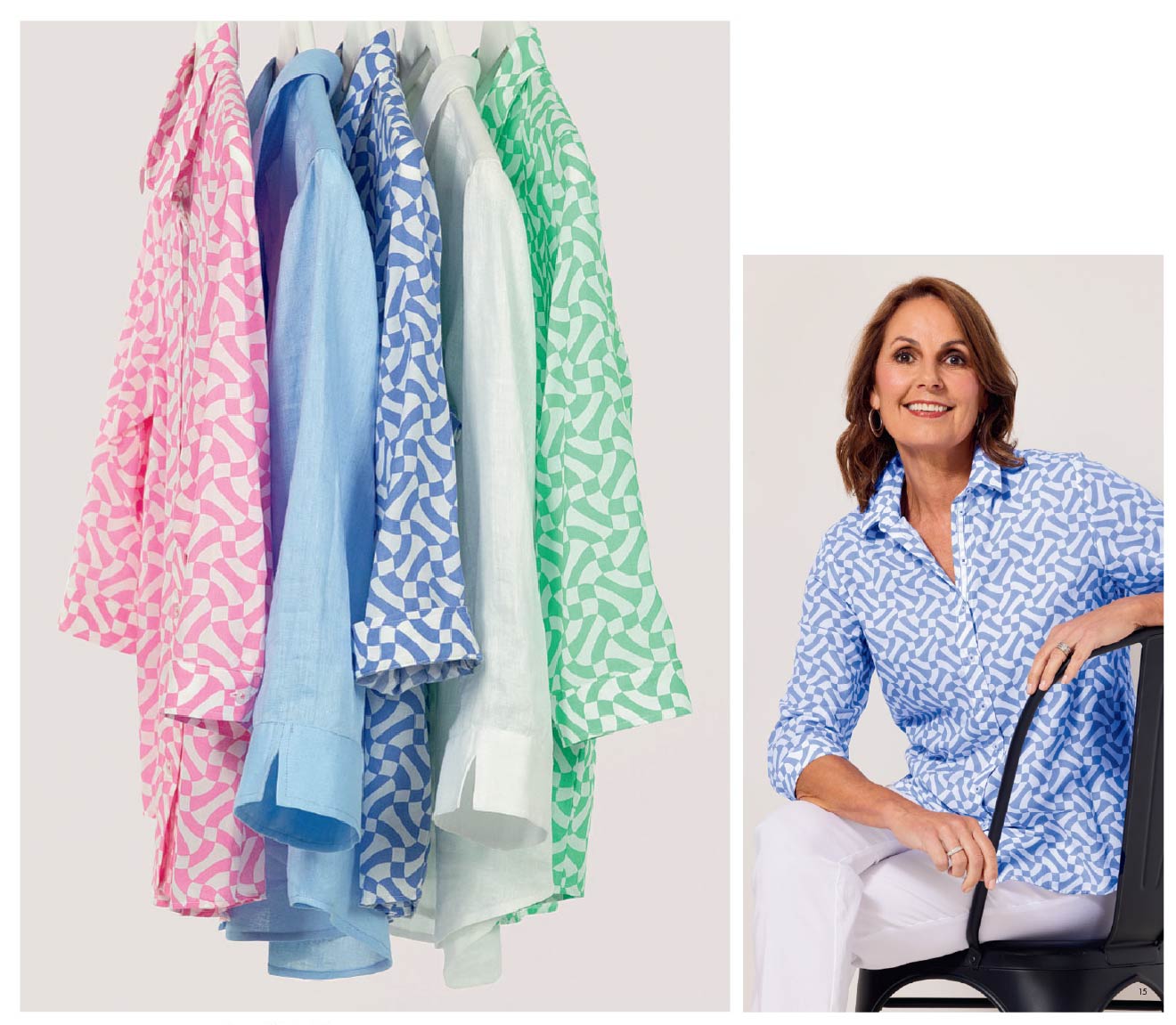 Catalogue image of Minnie and Caledonia shirt in blue pink and white