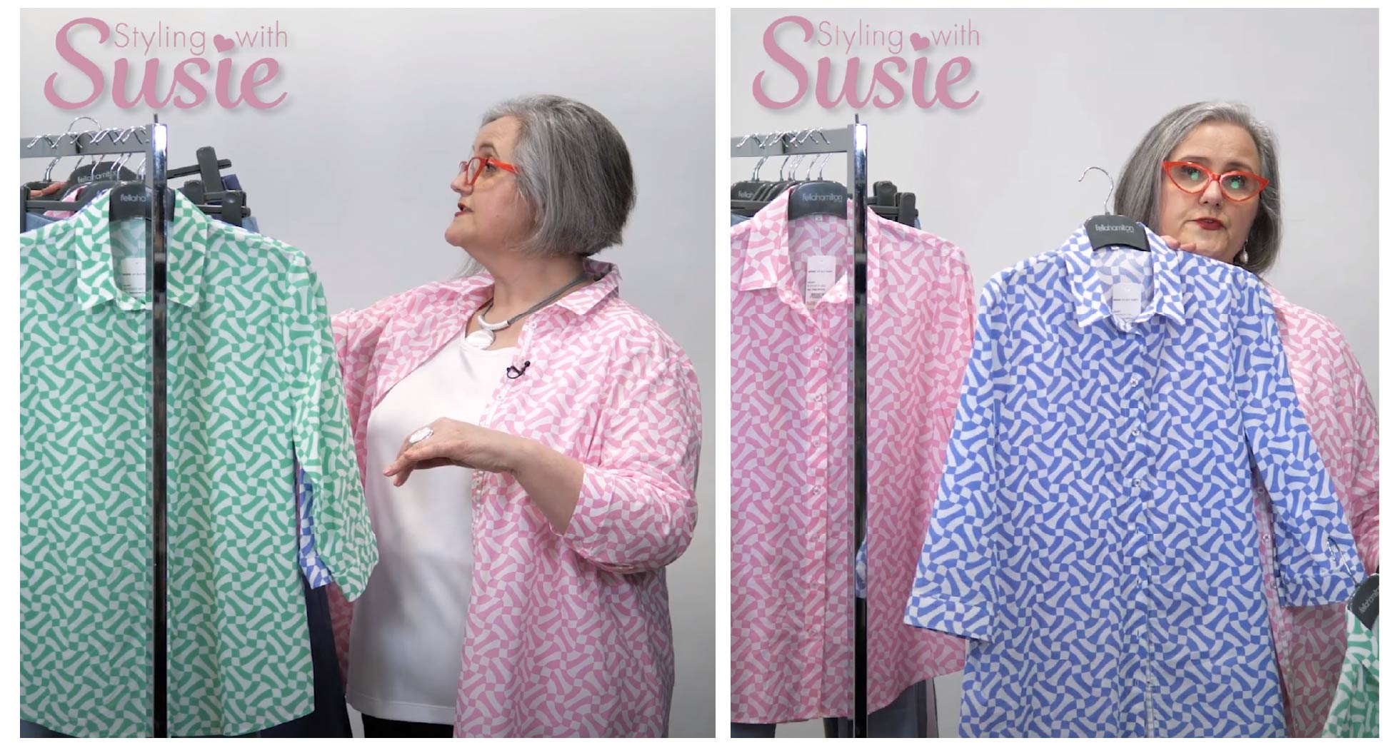 Style the Stylist wearing and showing the Minnie Shirt in 3 colours