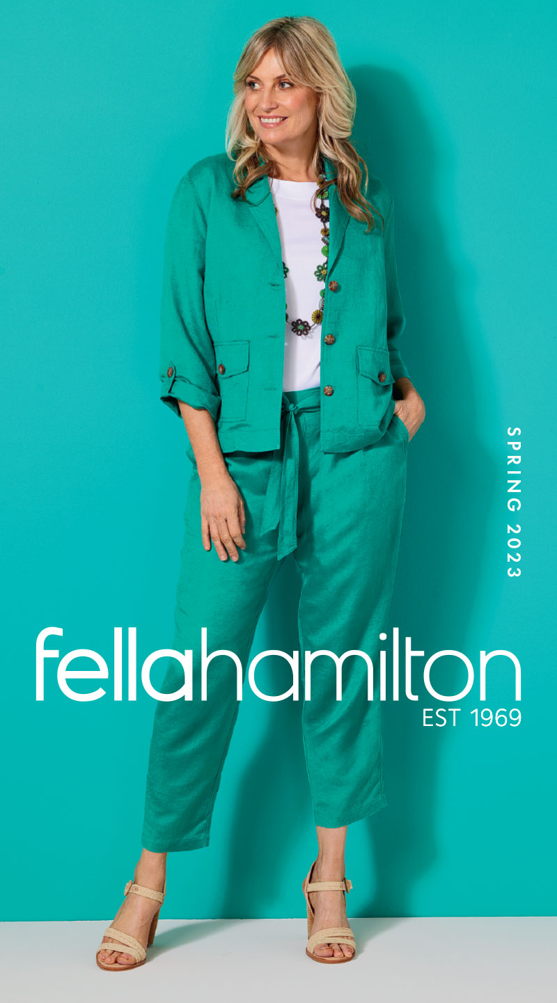 Spring catalogue image with Arbour Jacket and Pant in Emerald green