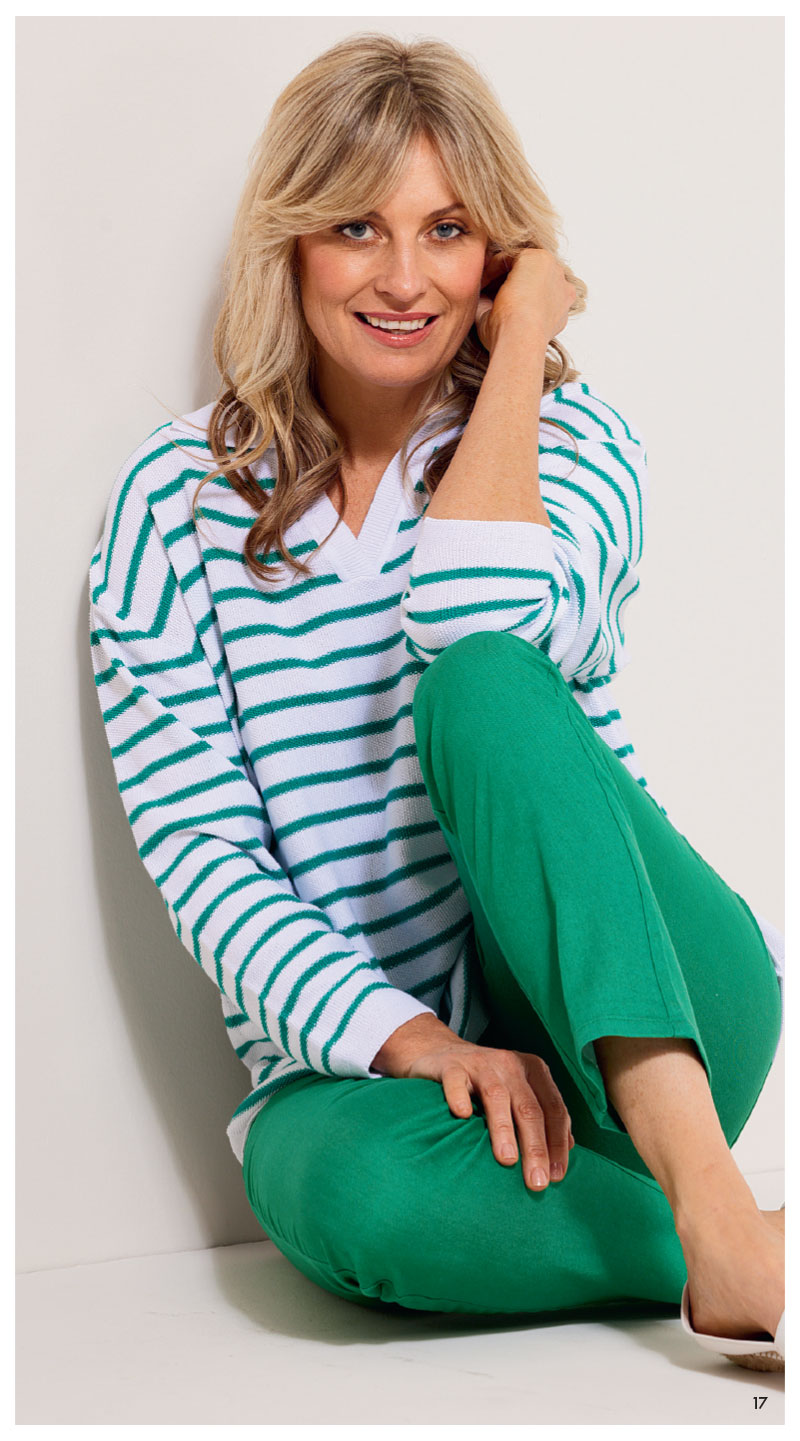 Catalogue image with model wearing Geen Suzy Jean and green stripe sweater