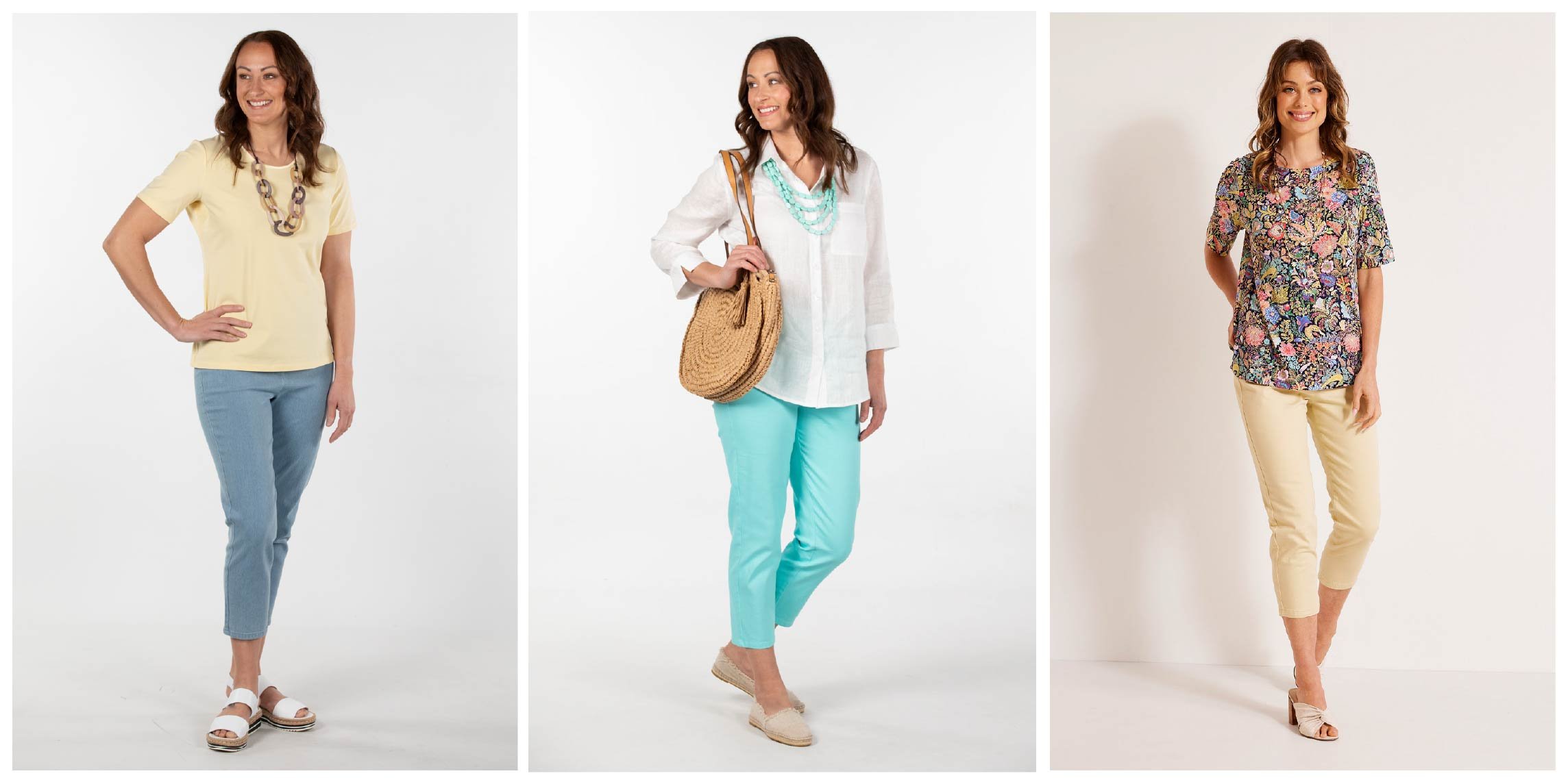Women wearig Sandy Jeans in Chambray blue, Mint green and Butter yellow colours.