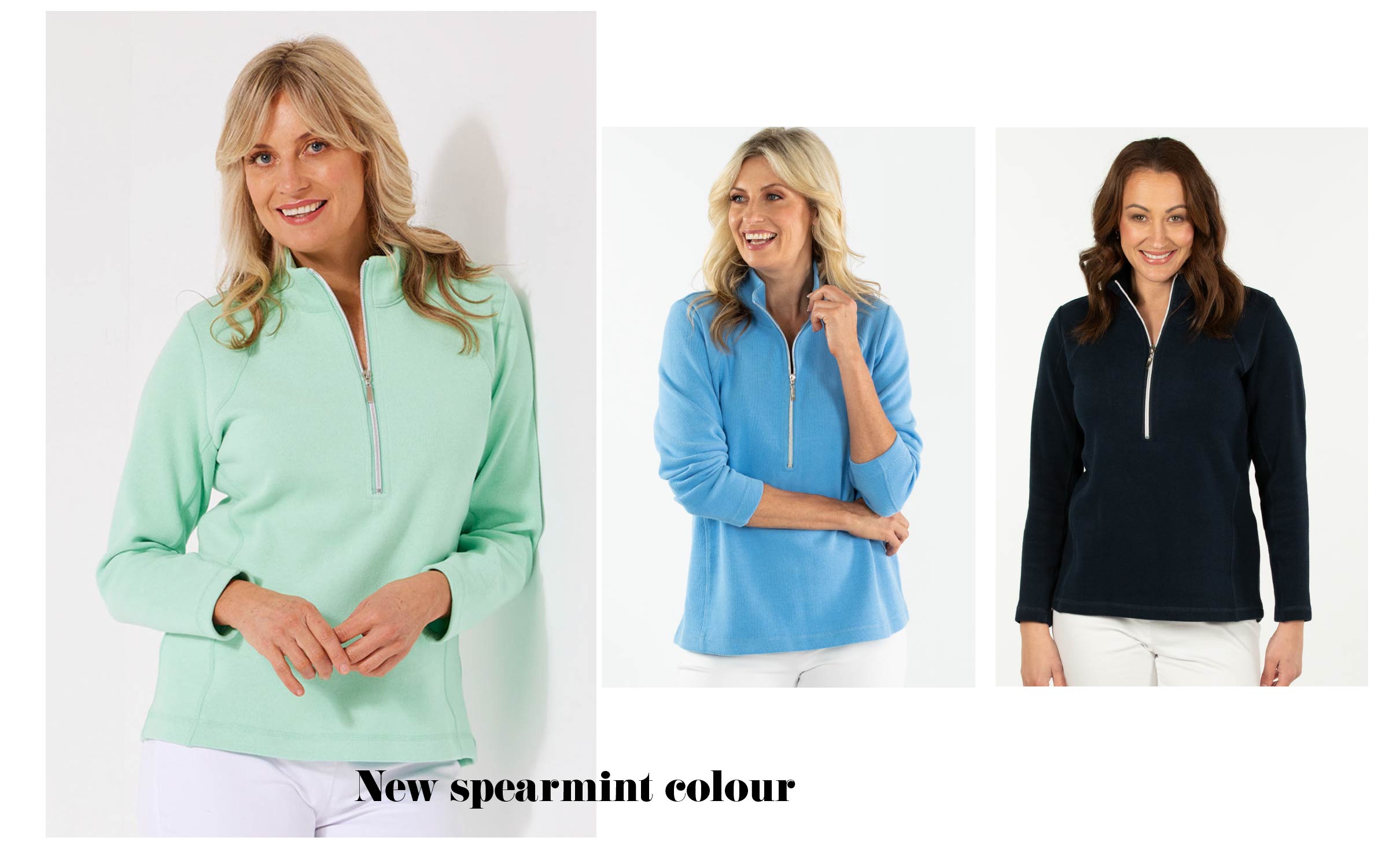 Leisurewear top with 1/4 zip in three coluors - mint green, pale blue and navy blue