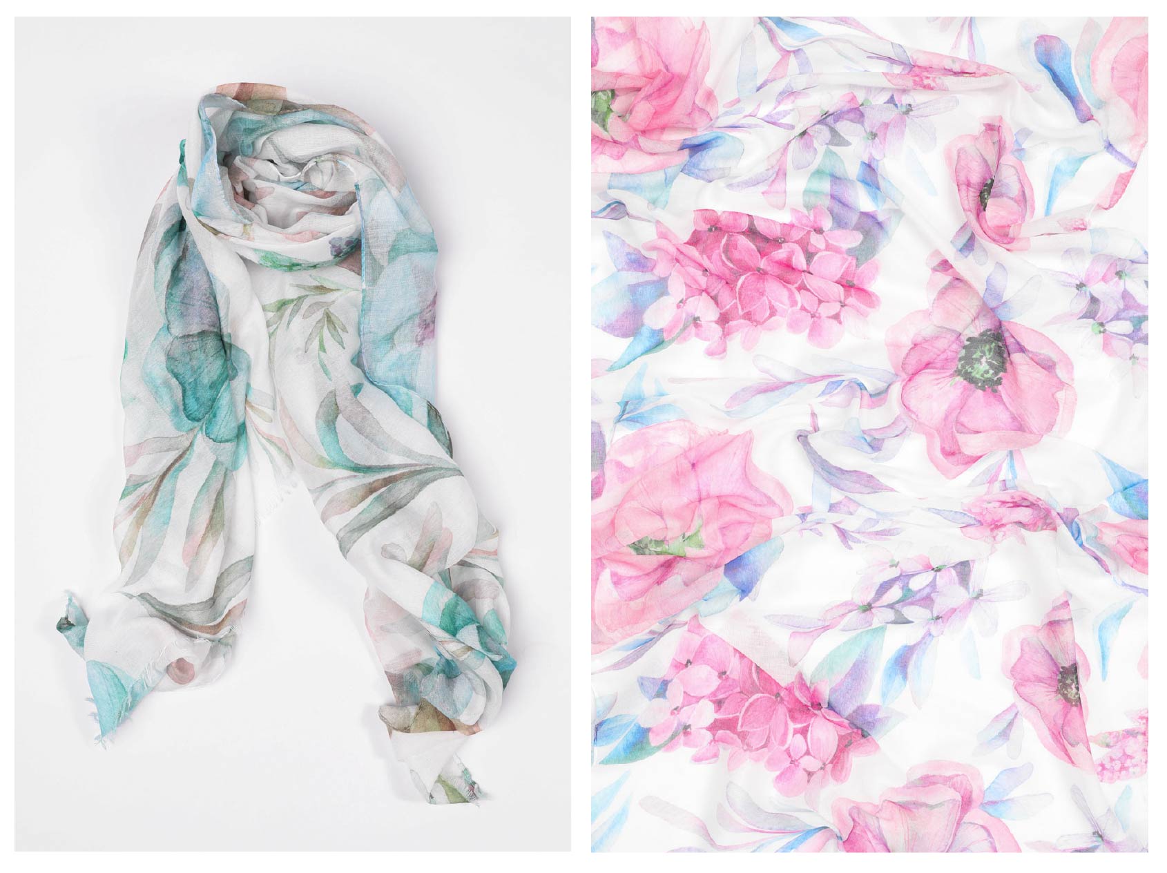Floral scarves including Abigail Scarf in Pink and Teal colour