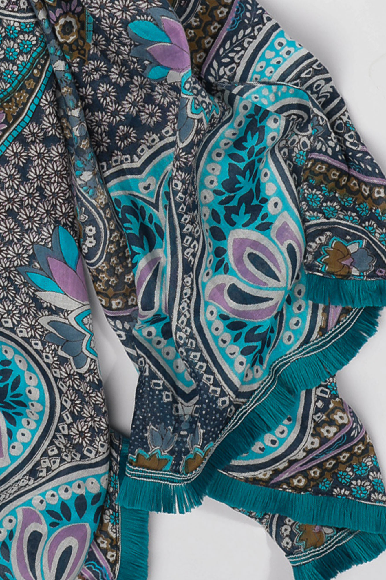 Paisely leaf and floral scarf in teal colour