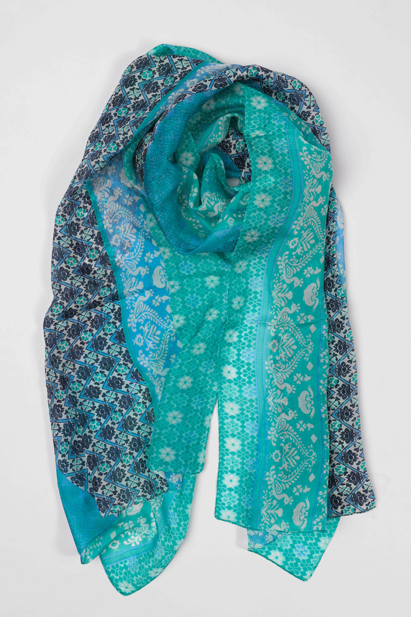 Blue floral scarf with mix of teal, navy and white colours