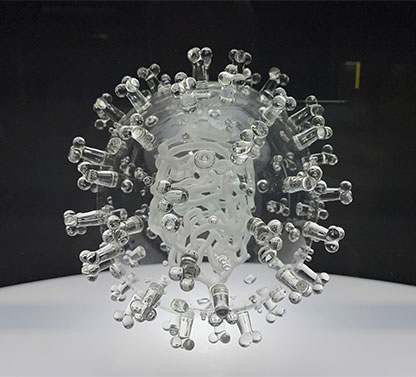 GLASS SCULPTURE OF THE COVID-19 VIRUS (2020) - THIS SCULPTURE HONOURS THE PETER DOHERTY INSTITUTE'S STAFF AND STUDENTS WHO SUPPORT THE COVID-19 WORK. 