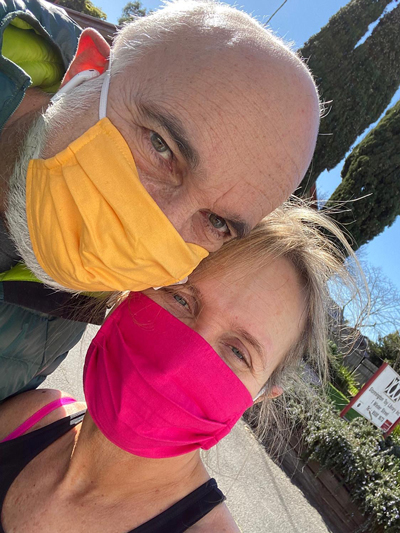 HERE IS SHARON LEWIN, DIRECTOR OF THE DOHERTY INSTITUTE,  & HER HUSBAND BOB MILSTEIN WEARING OUR FELLA HAMILTON MASKS IN A NON-CLINICAL SETTING.