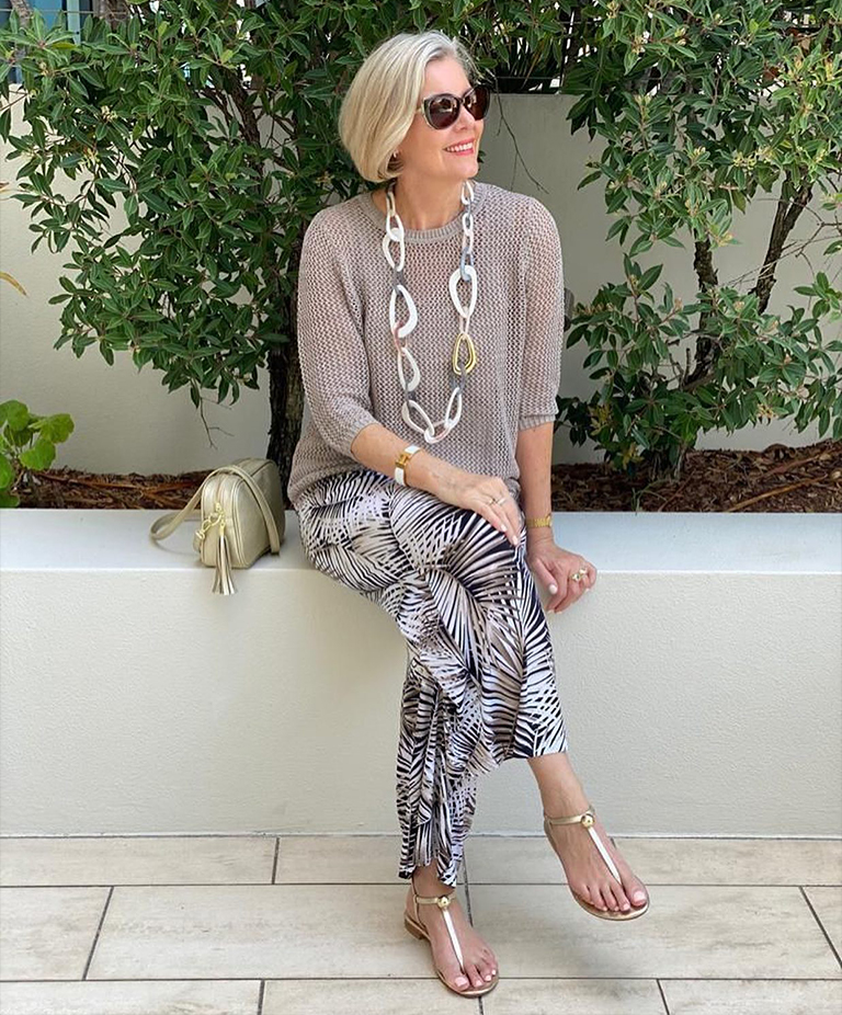 LINDA WEARING OUR PALAZZO PANT, QUINCY KNIT & LENA NECKLACE, IN DECEMBER LAST YEAR. PLEASE NOTE: THESE STYLES ARE NOW LOW IN STOCK OR MAY HAVE SOLD OUT.