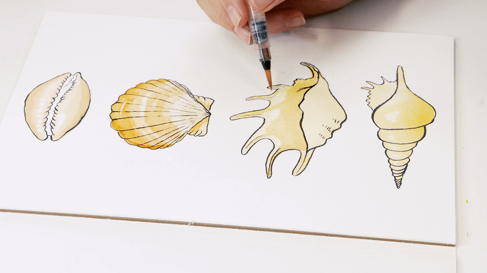 A hand holding a watercolour brush adds yellow watercolour for definition to the third shell.