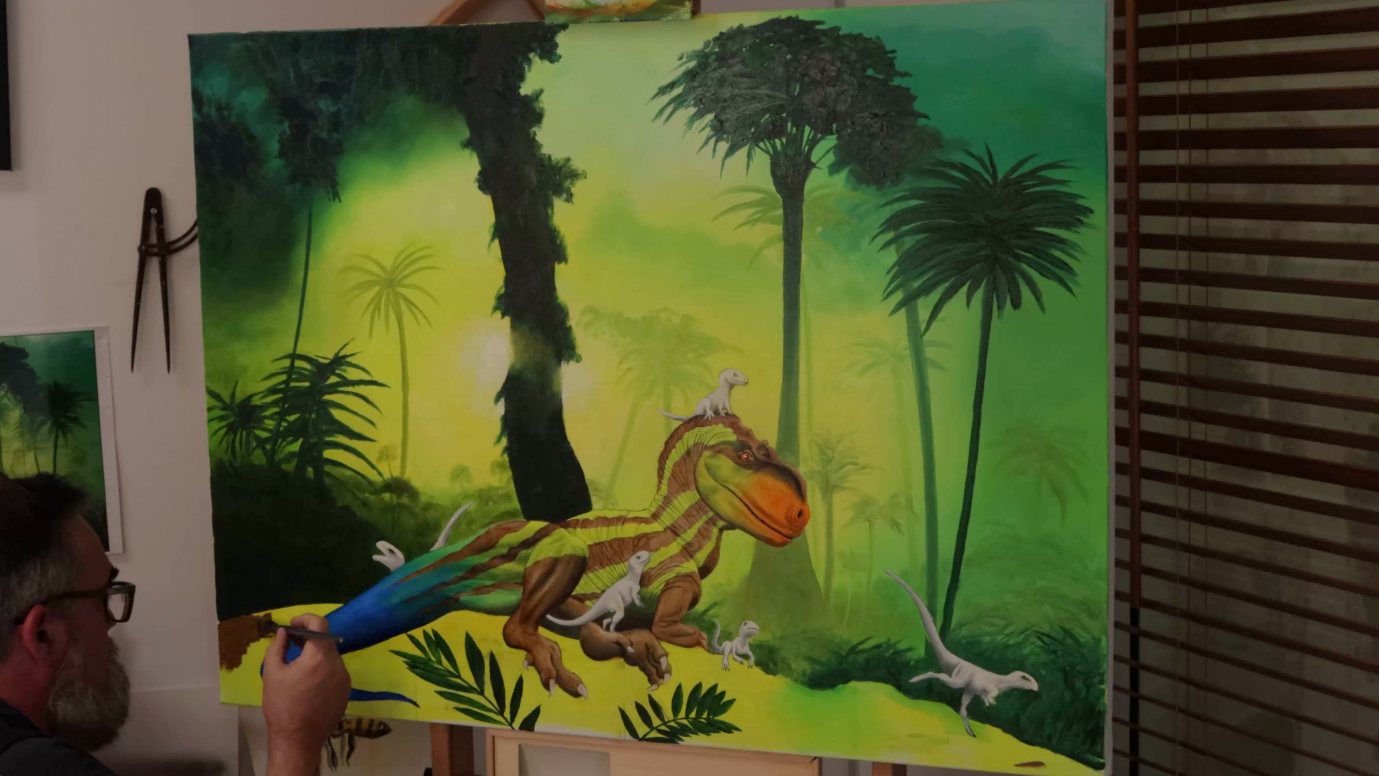 A painting of a dinosaurDescription automatically generated