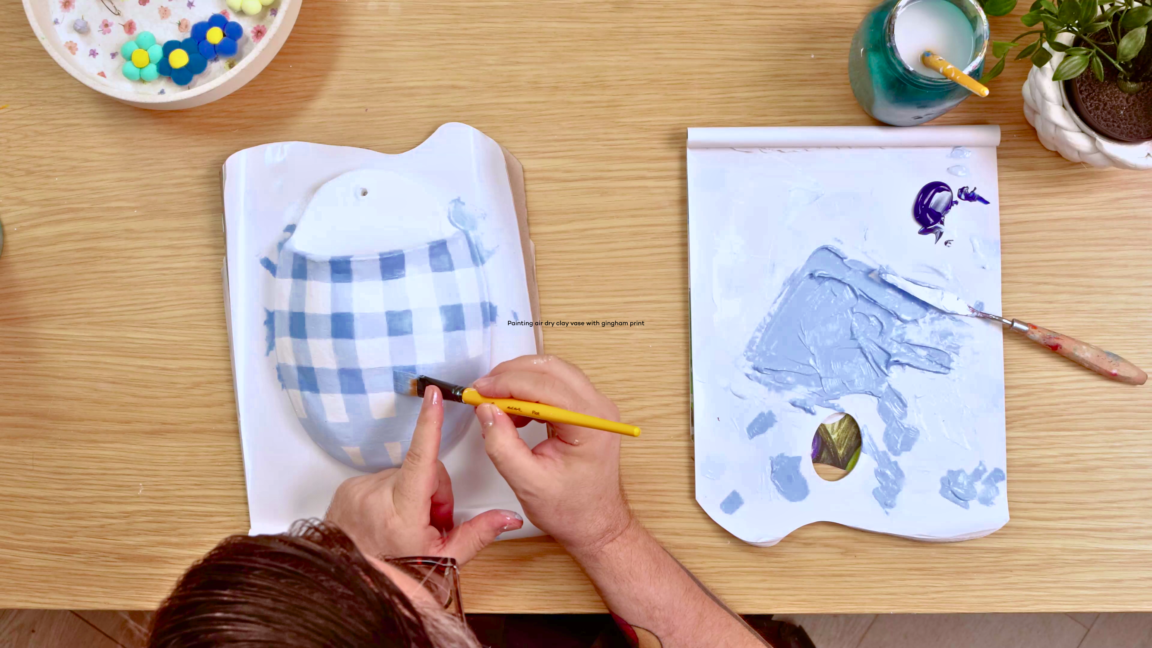 Painting air dry clay vase with gingham print