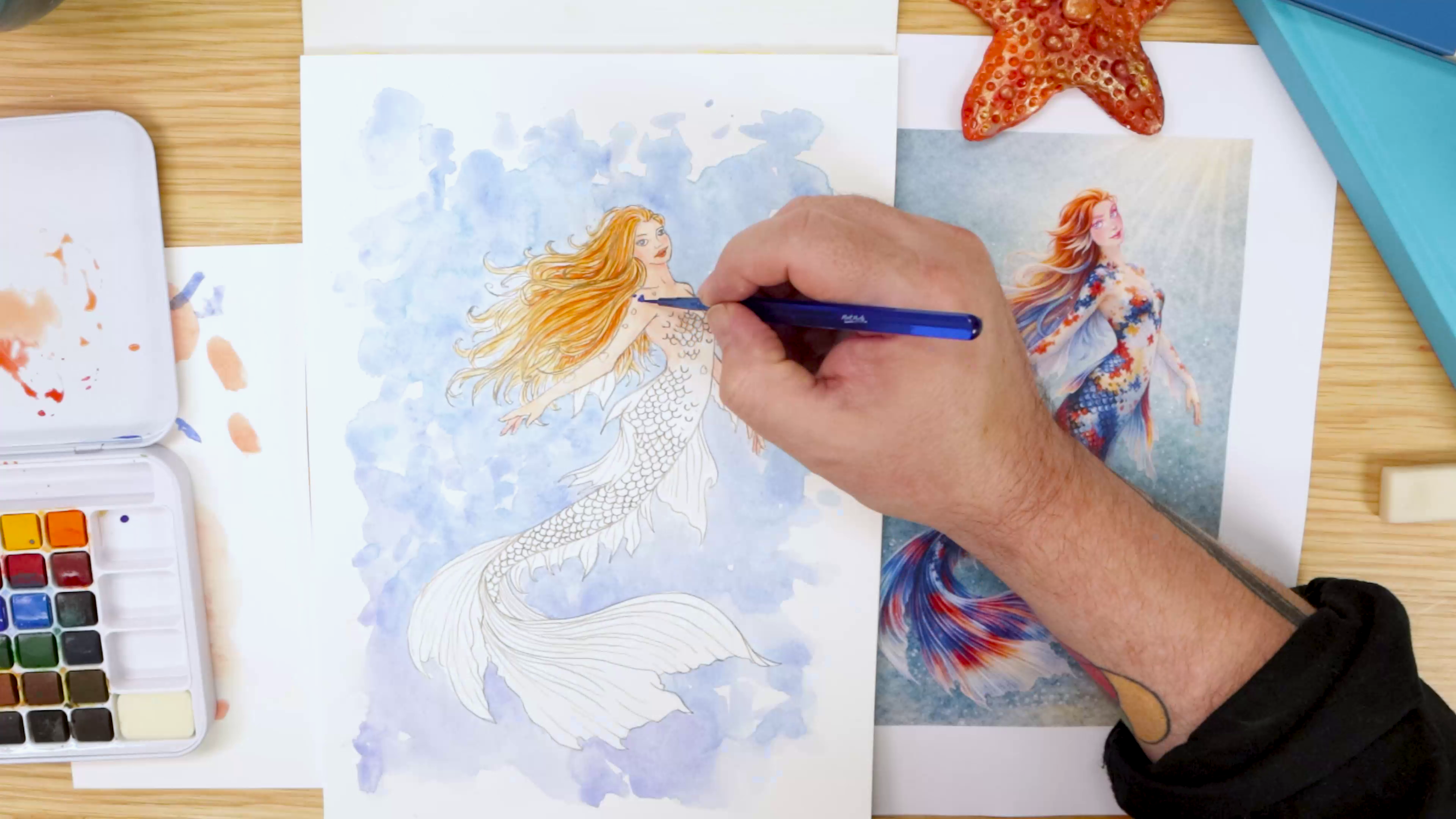 Colouring in mermaid skin colour in watercolour