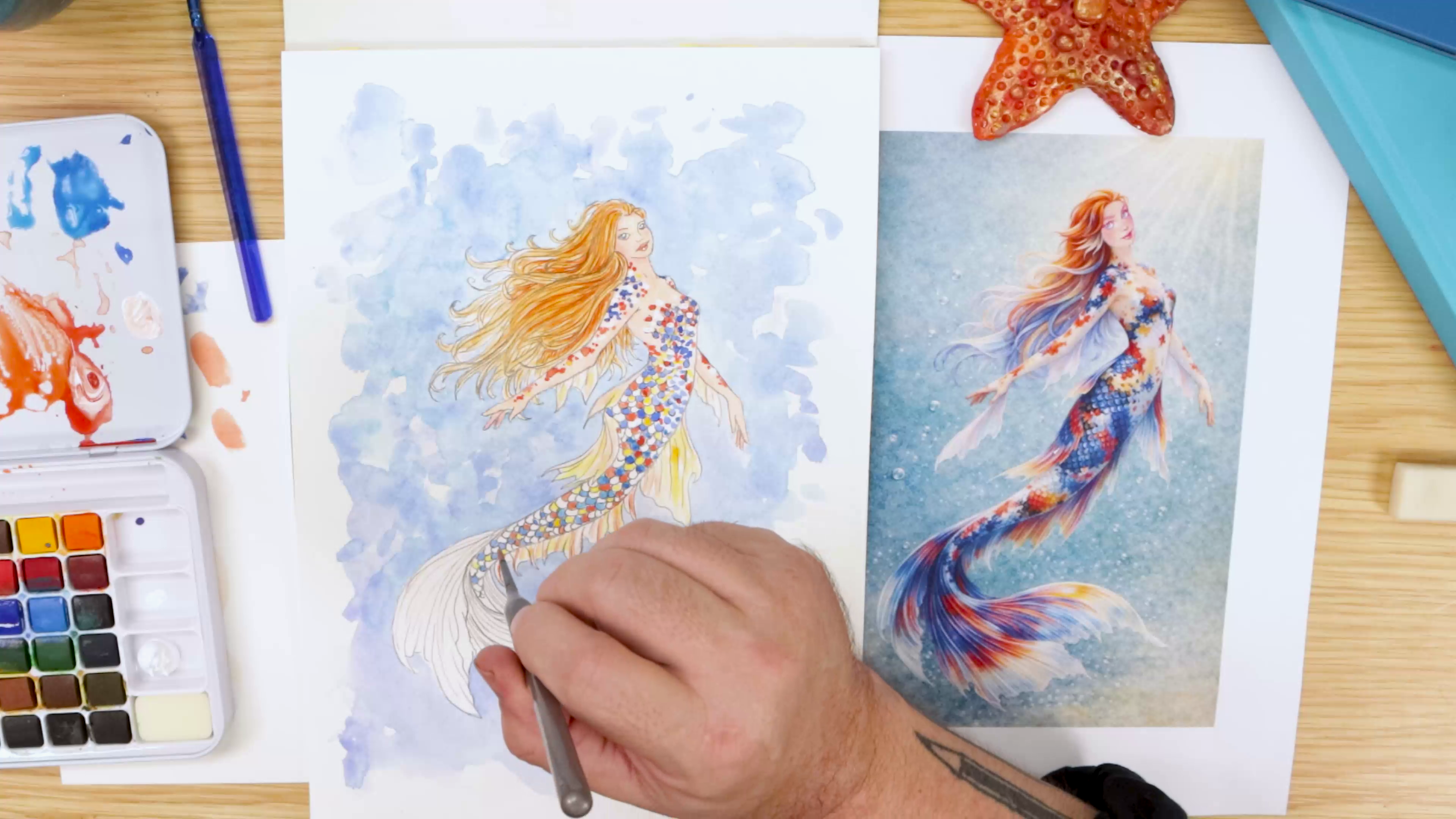 Painting mermaid scales with colourful watercolour