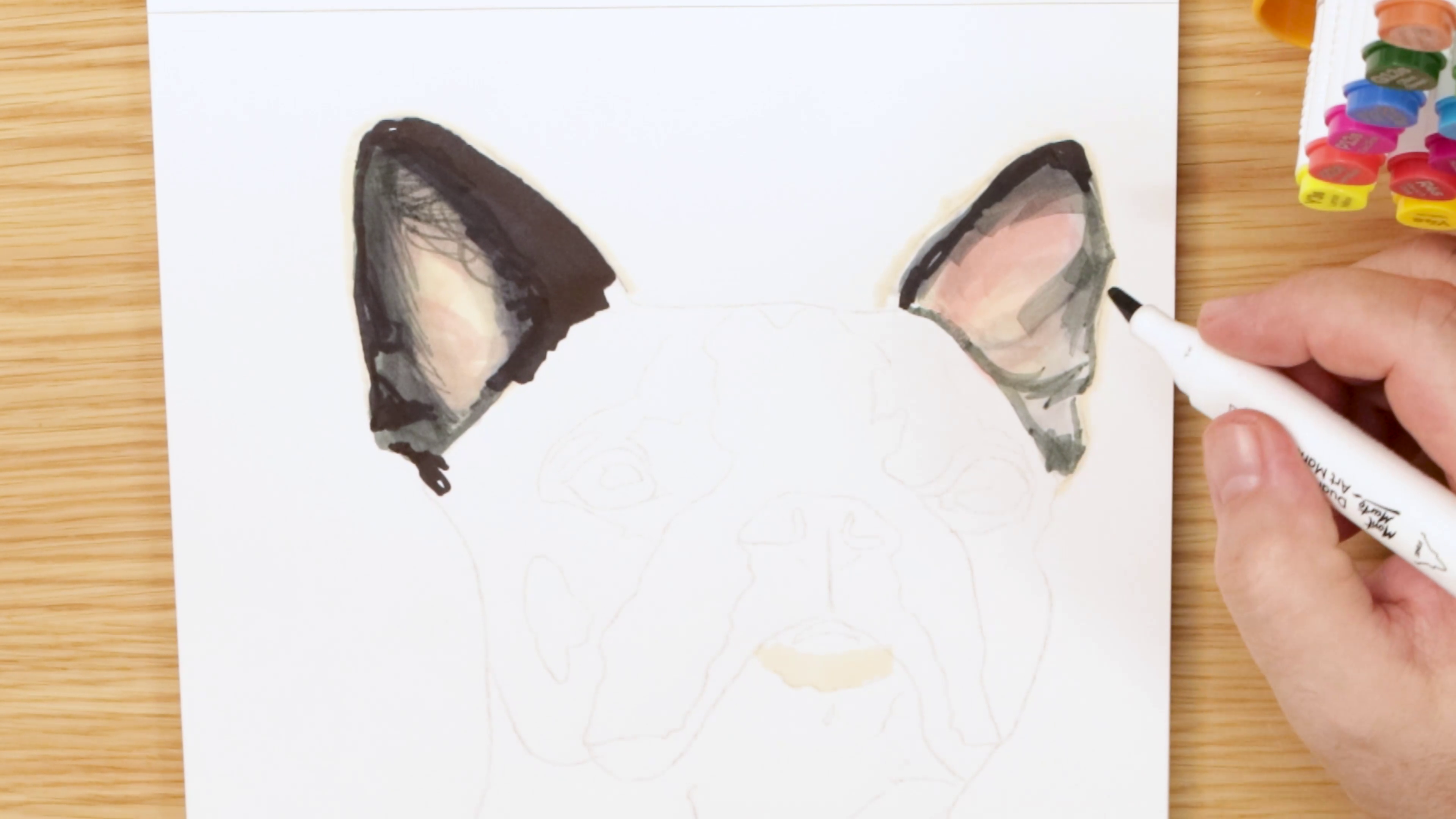 Shading dog ears in sketch of french bulldog