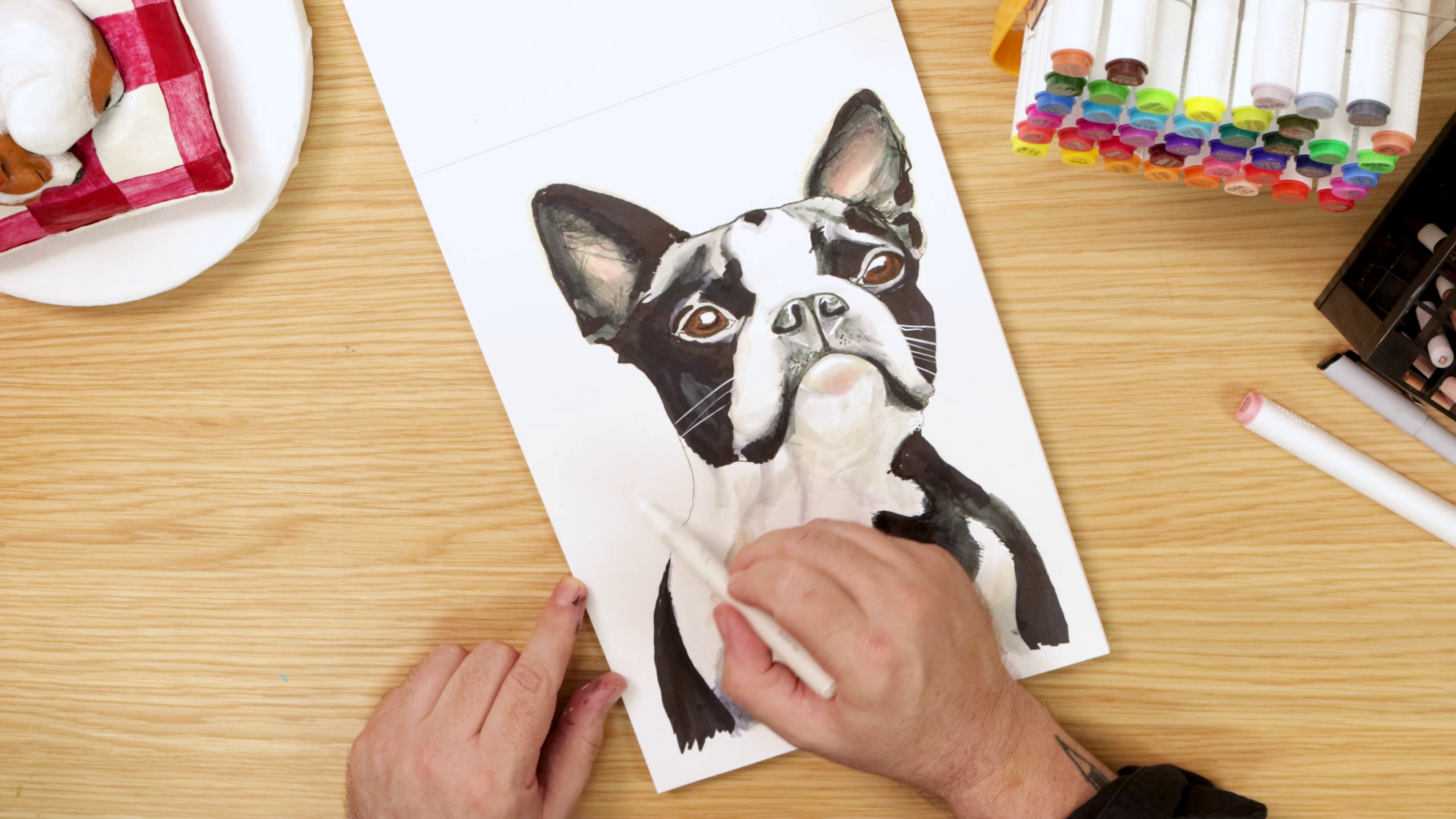 White paint pen drawing dog portrait whiskers