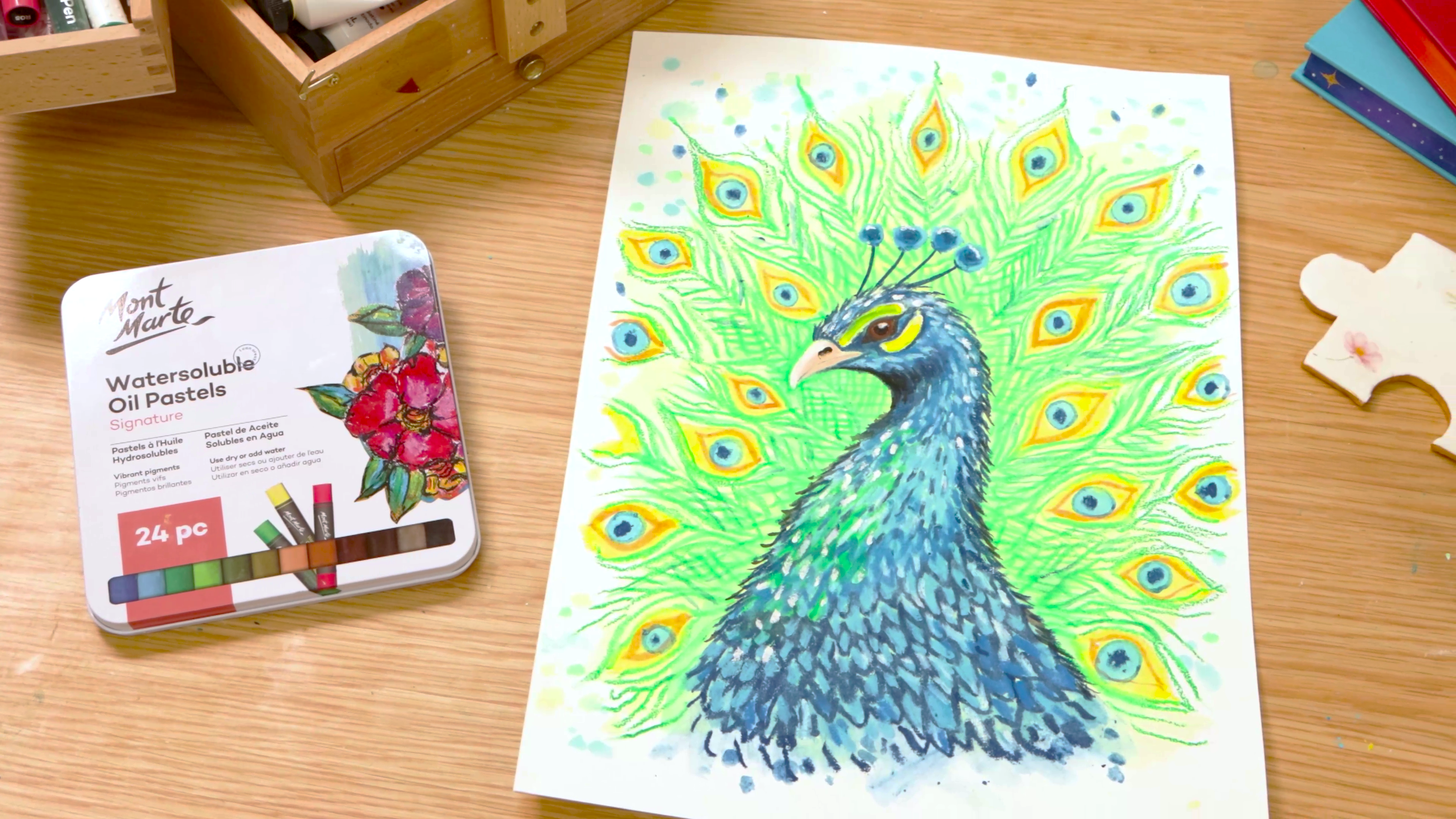 Peacock artwork on wood tabletop