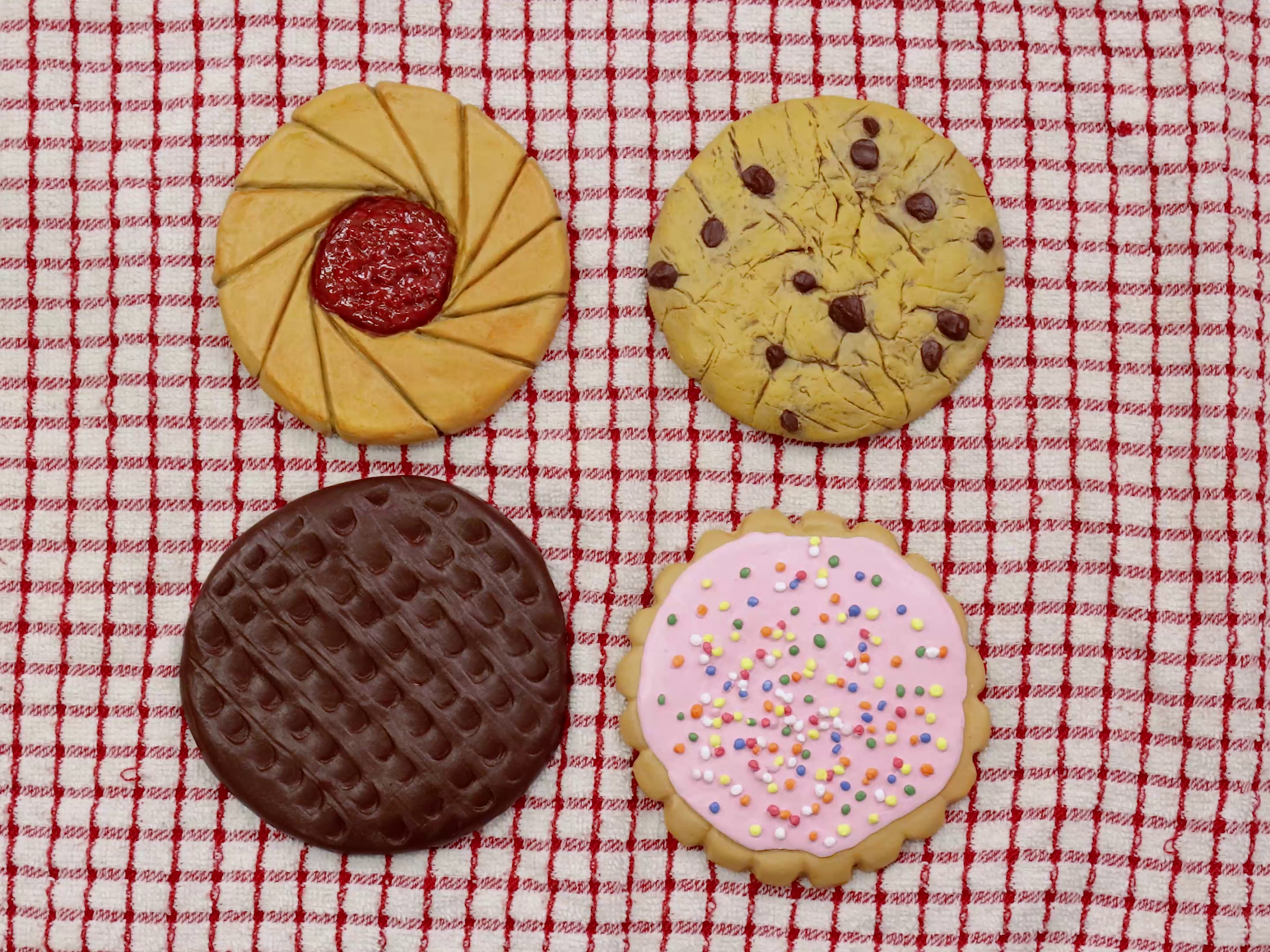 4 cookie and biscuit themed air dry clay coasters on red check background