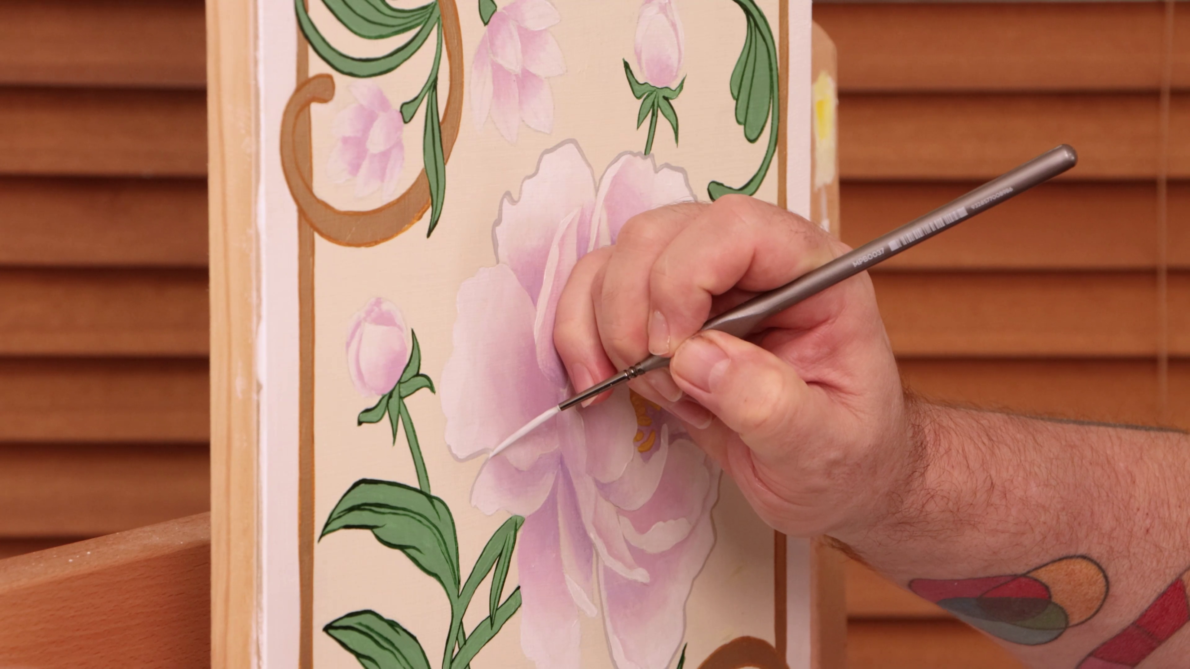 Close up of grey outline added to peony painting