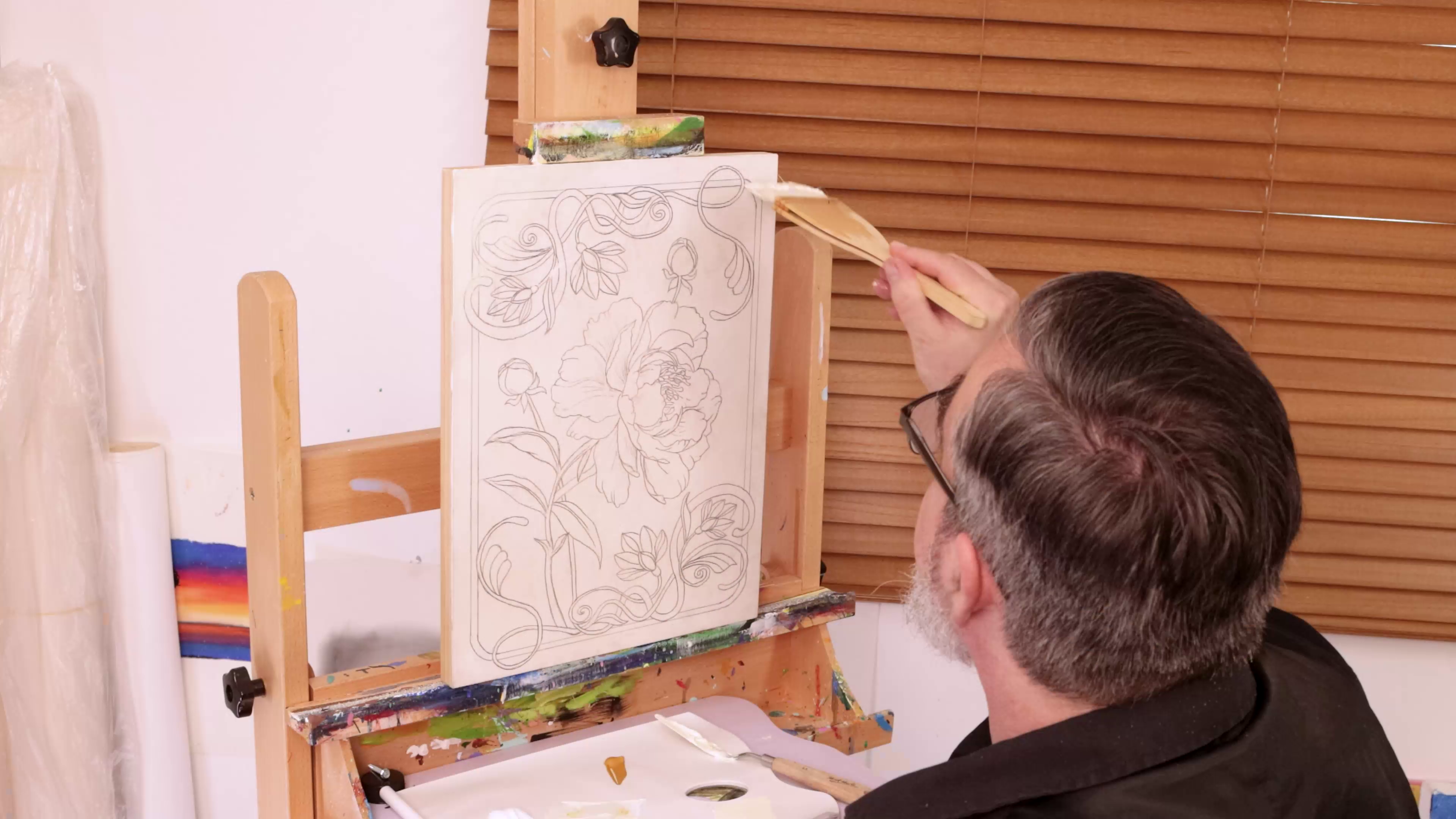 Peony flower design drawn on primed painting board