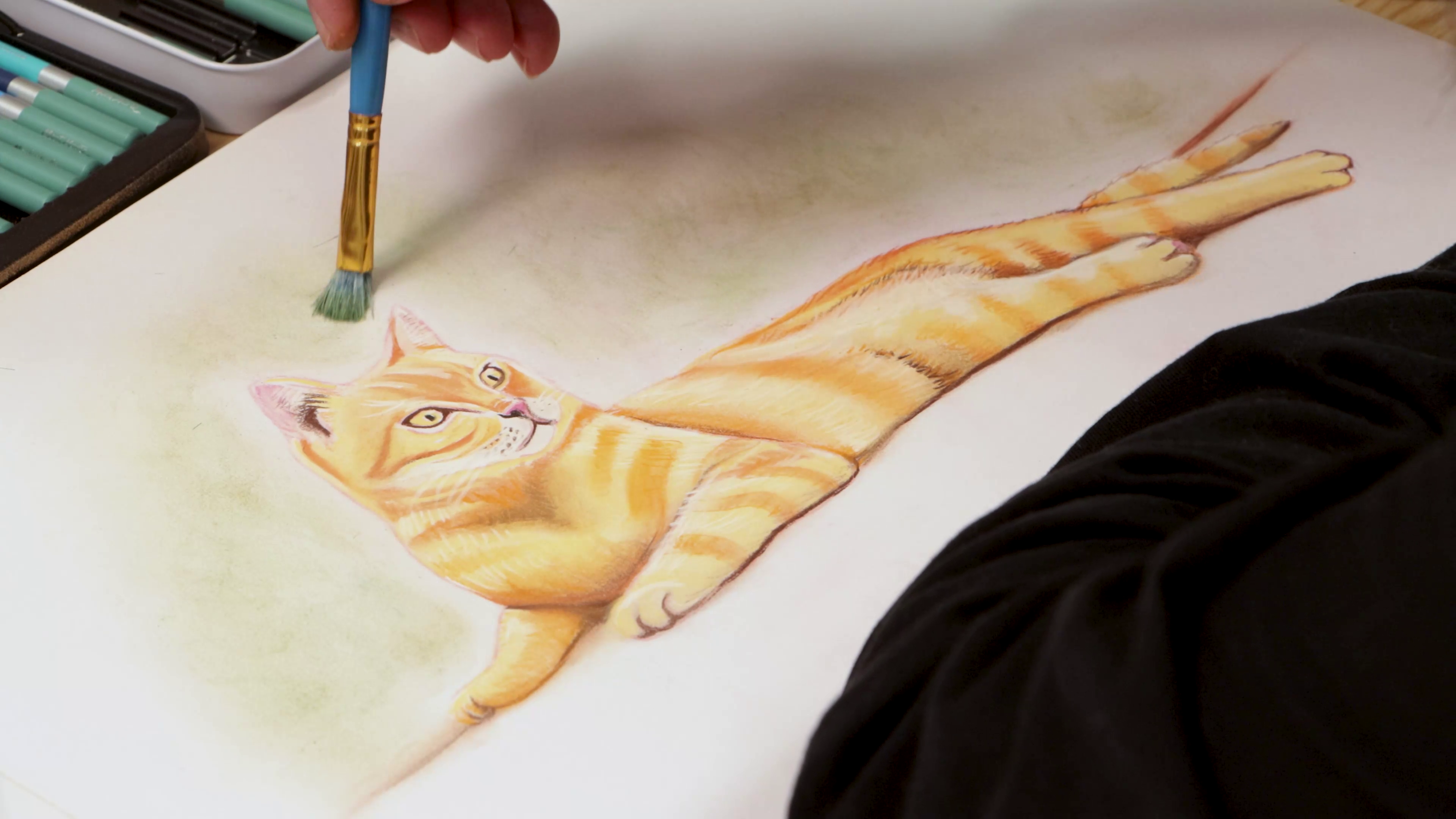 Blending green background behind orange cat sketch
