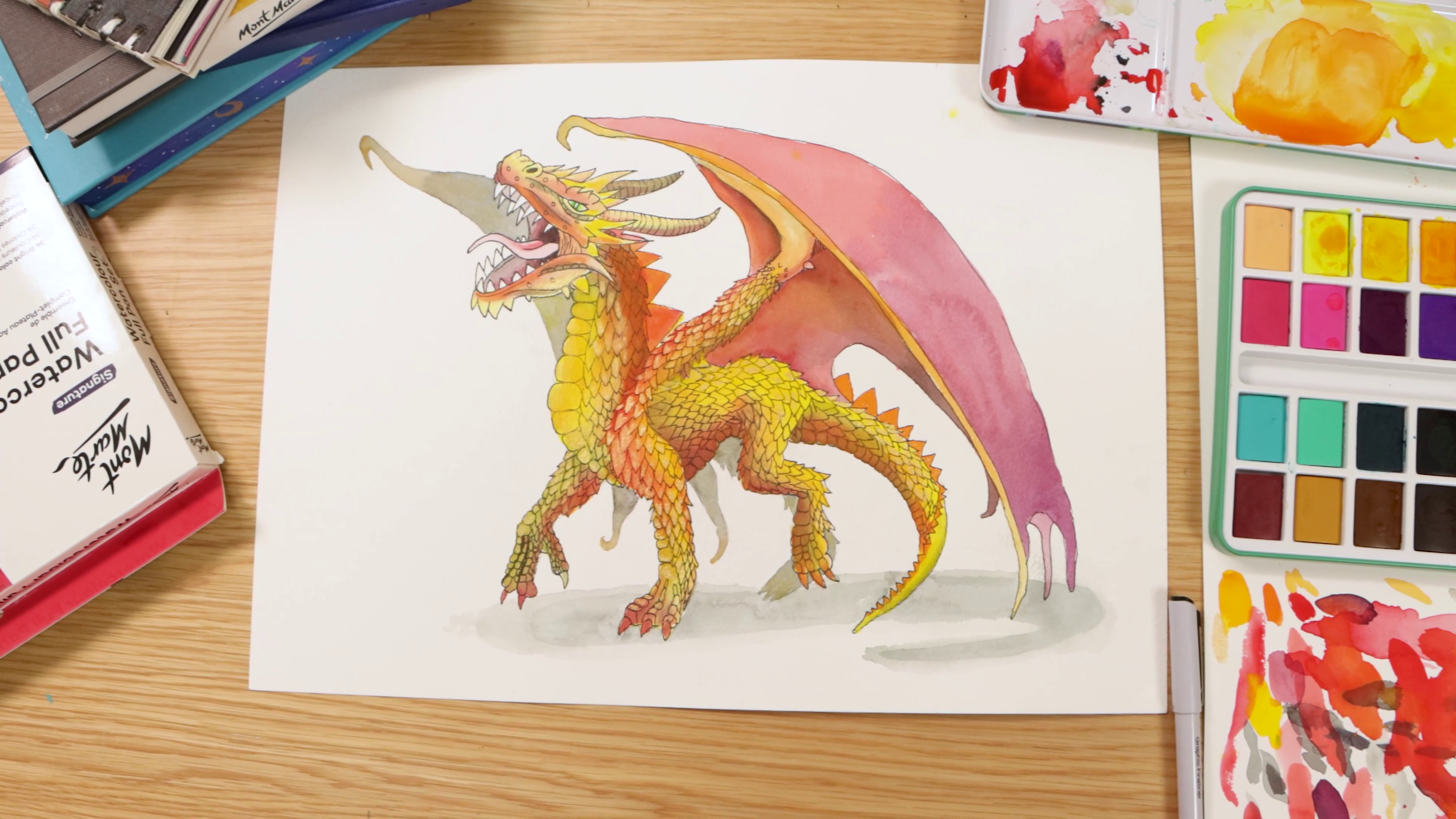 Red and yellow dragon watercolour artwork