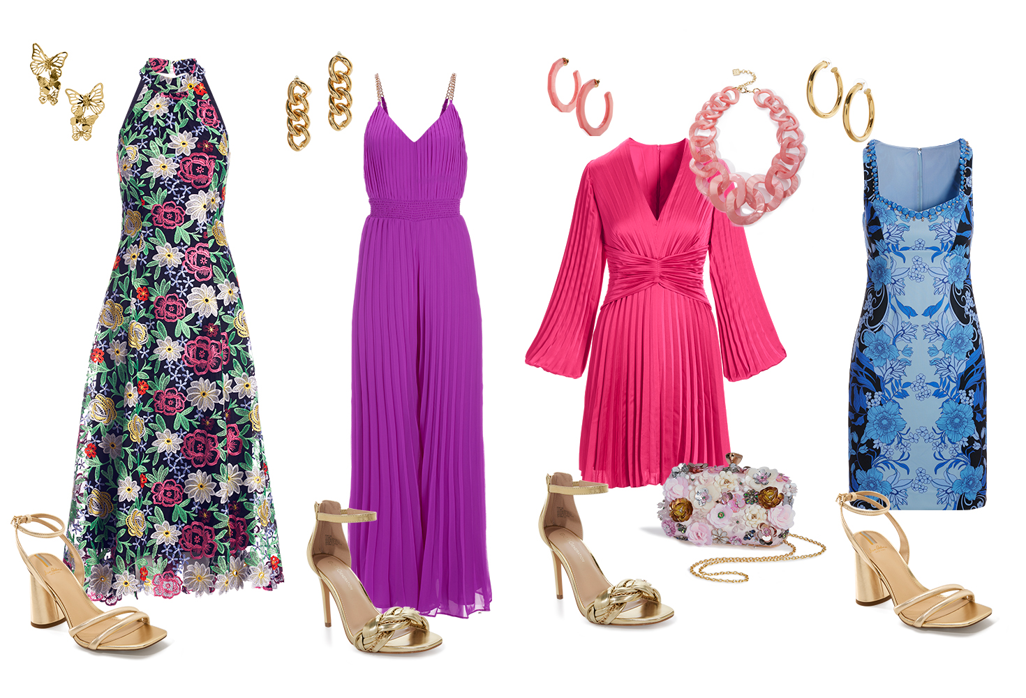 Outfits from left to right: multicolor floral lace high-neck sleeveless midi dress, gold butterfly stacked earrings, and gold heels. Purple pleated sleeveless jumpsuit, gold braided heels, and gold chain earrings. Pink pleated long-sleeve short dress, pink resin hoop earrings, pink resin chunky chain necklace, 3D floral clutch, and gold braided heels. Blue printed sleeveless short dress, gold hoop earrings, and gold heels.