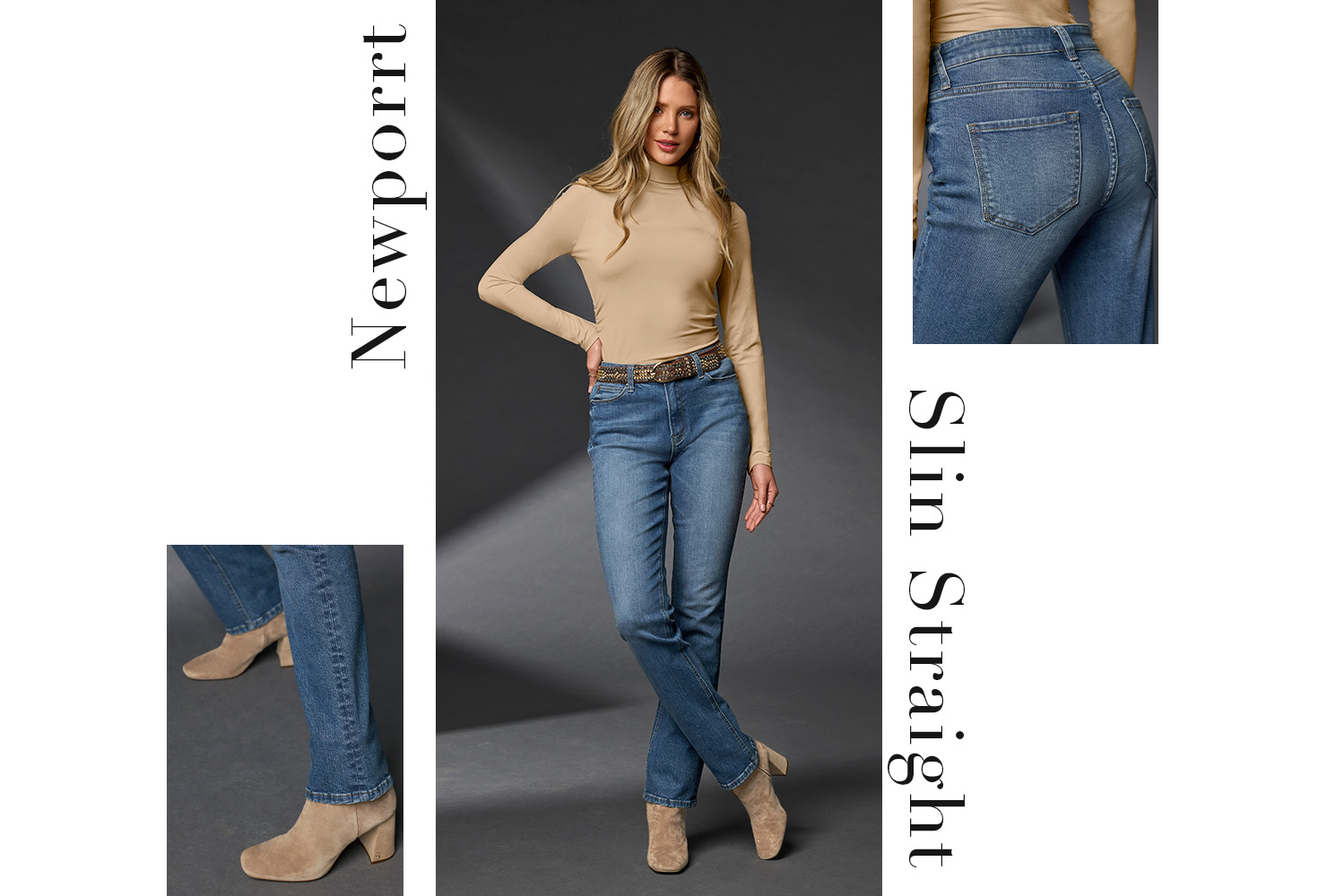 Model wearing light tan turtle neck sweater, embellished belt, newport slim straight medium wash jean and light natural square toe booties. Two close up photos also included of the fit around the back and ankle.