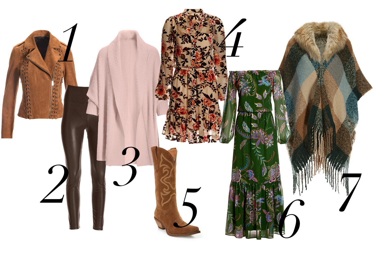 1. brown suede jacket. 2. brown faux-leather leggings. 3. light pink plush sweater cardigan. 4. multicolor floral long-sleeve short dress. 5. brown western boots. 6. green paisley print off-the-shoulder long-sleeve maxi dress. 7. plaid faux-fur poncho.