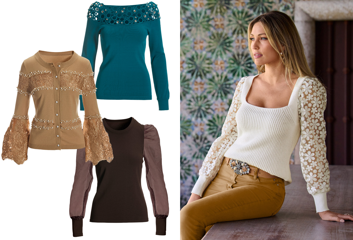 left side shows a light brown lace and pearl embellished flare sleeve cardigan, a teal jewel embellished off-the-shoulder sweater, and a brown organza puff-sleeve sweater. right model wearing a white ribbed sweater with floral lace sleeves, jeweled brown belt, and light brown jeans.