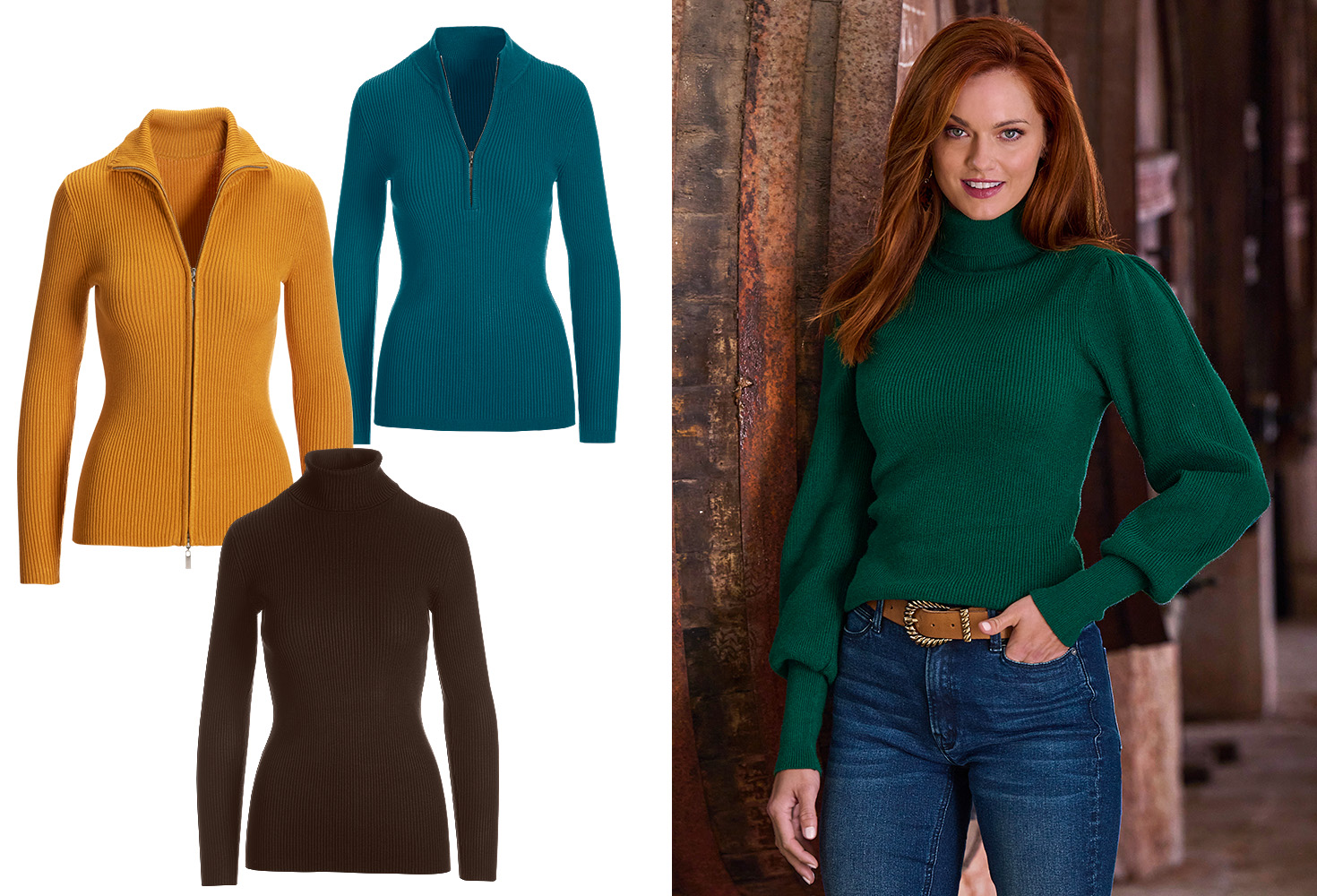 left panel shows a dark yellow ribbed full-zip cardigan, teal half zip ribbed cardigan, and dark brown ribbed turtleneck sweater. right model wearing a deep green puff-sleeve ribbed cashmere turtleneck sweater, brown belt, and jeans.