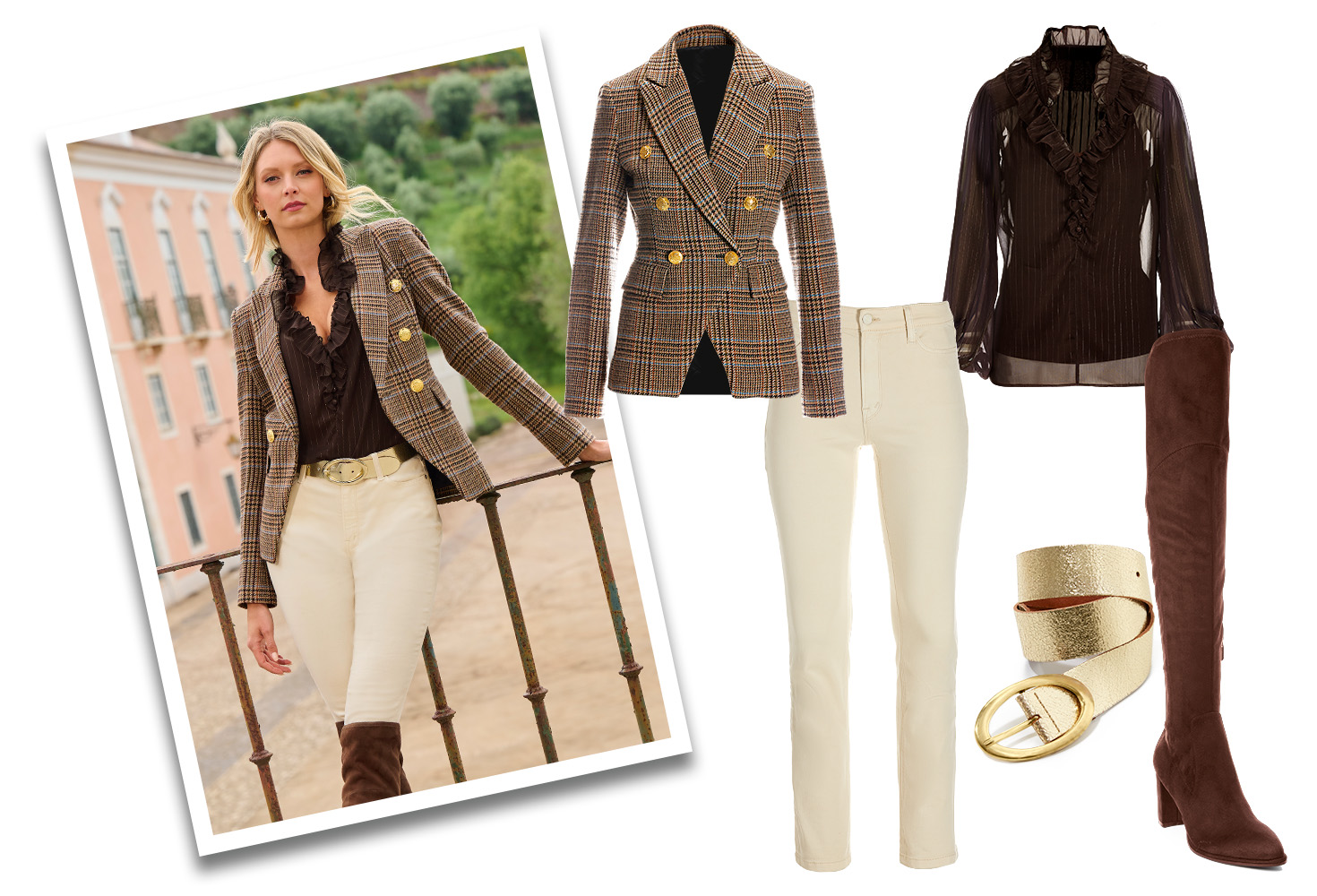 model wearing a brown plaid blazer, brown ruffle peasant blouse, gold belt, cream colored jeans, and brown over-the-knee suede boots. right panel shows all items on model.
