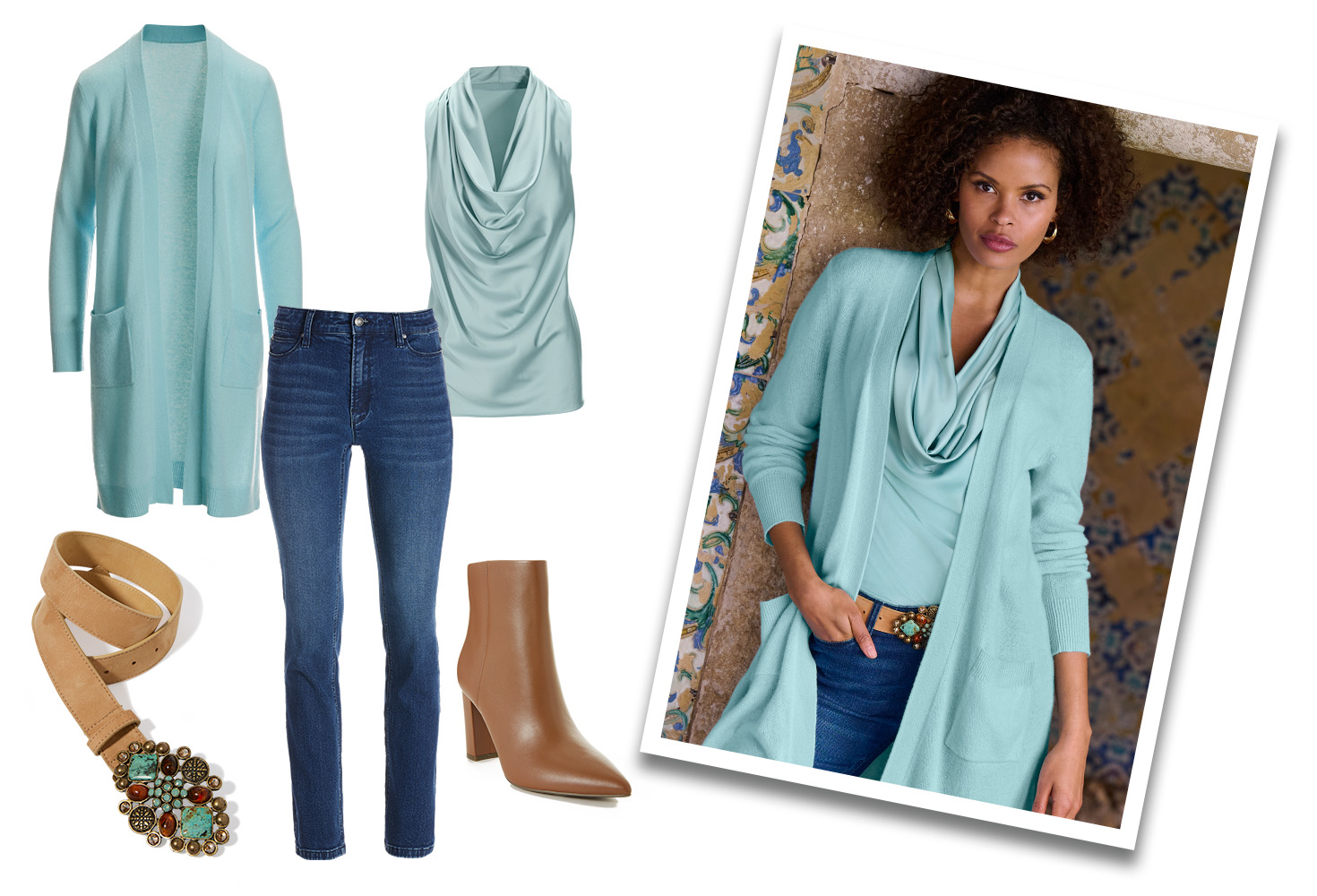 model wearing a light blue cashmere cardigan, light blue cowl neck charmeuse blouse, turquoise stone embellished belt, brown leather booties, and jeans. left panel shows all items off model.