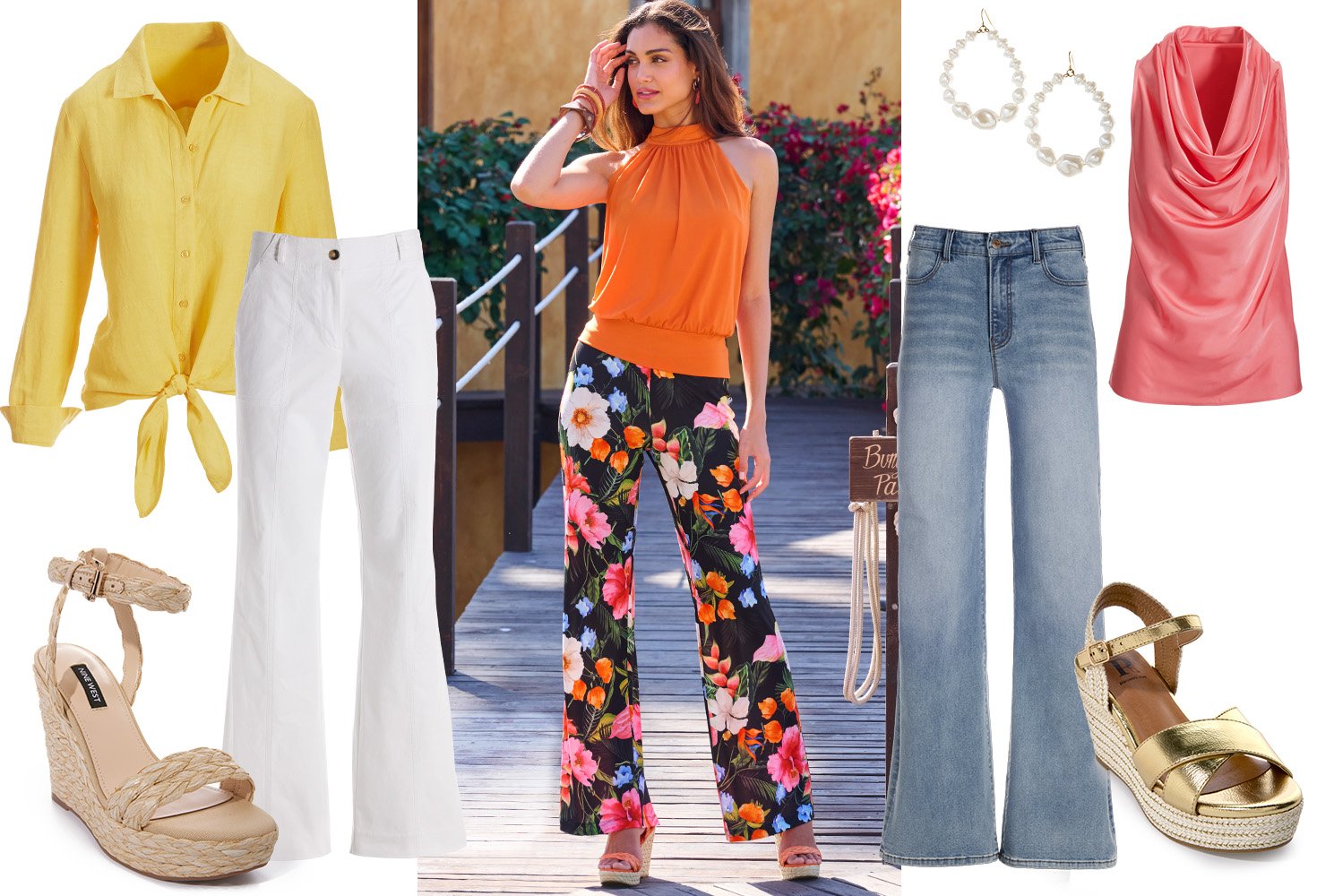 Left panel: yellow tie-front linen button-down long sleeve top, white palazzo jeans, and neutral woven wedges  with ankle straps. Center: Model wearing an orange mock-neck sleeveless blouson top, multicolor floral print palazzo pants, and orange woven wedges. Right panel: Pink cowl-neck sleeveless charmeuse blouse, pearl earrings, palazzo jeans, and gold wedges.