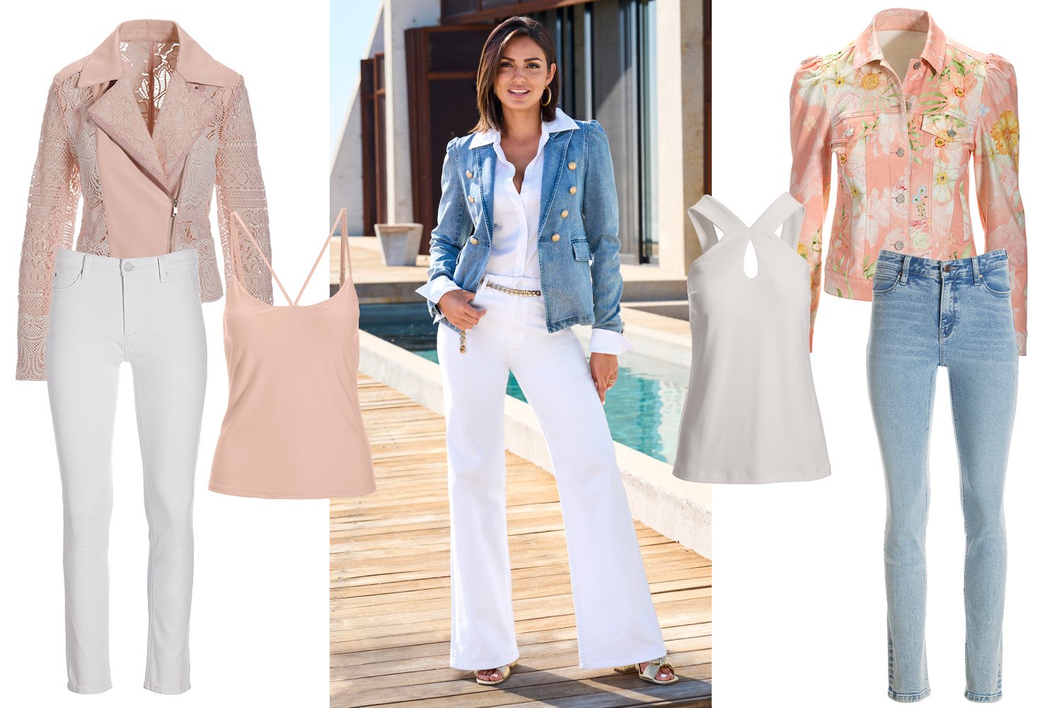 Left panel: blush leather and lace jacket, white jeans, and blush strappy camisole top. Center: model wearing a denim blazer, white button-down charmeuse blouse, white palazzo jeans, gold chain belt, gold hoop earrings, and gold knotted block heels. Right: pink floral print puff-sleeve denim jacket, white keyhole sleeveless top, and light wash jeans.