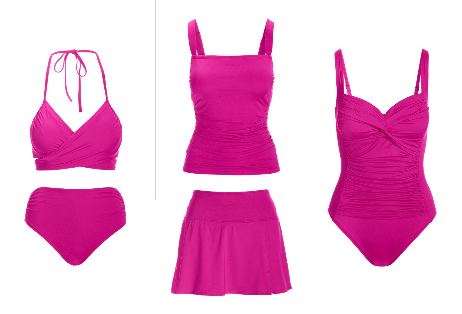 From left to right: pink bikini with high waisted bottoms, pink tankini with skirted bottoms, and pink ruched one-piece swimsuit.
