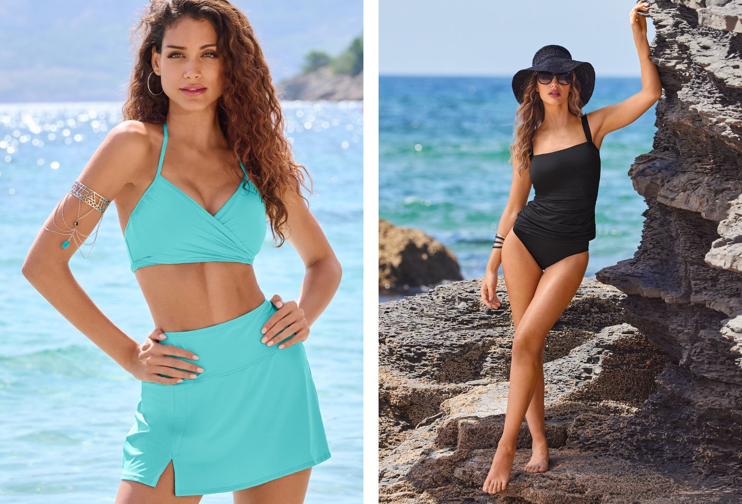 Left model wearing a light blue bikini top with skirted bottoms. Right model wearing a black tankini with high waisted bottoms, sunglasses, and a black straw hat.