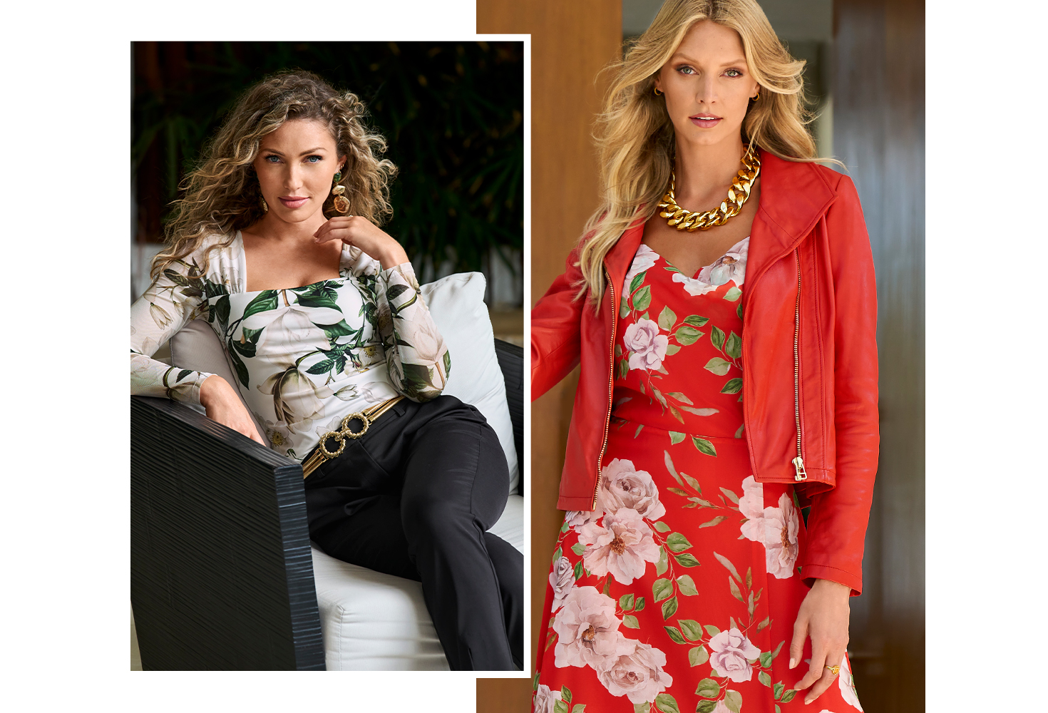 Models wearing floral long sleeve top, gold twisted hardware belt and black pants. Models wearing floral print floor length dress, red moto jacket and chunky necklace.
