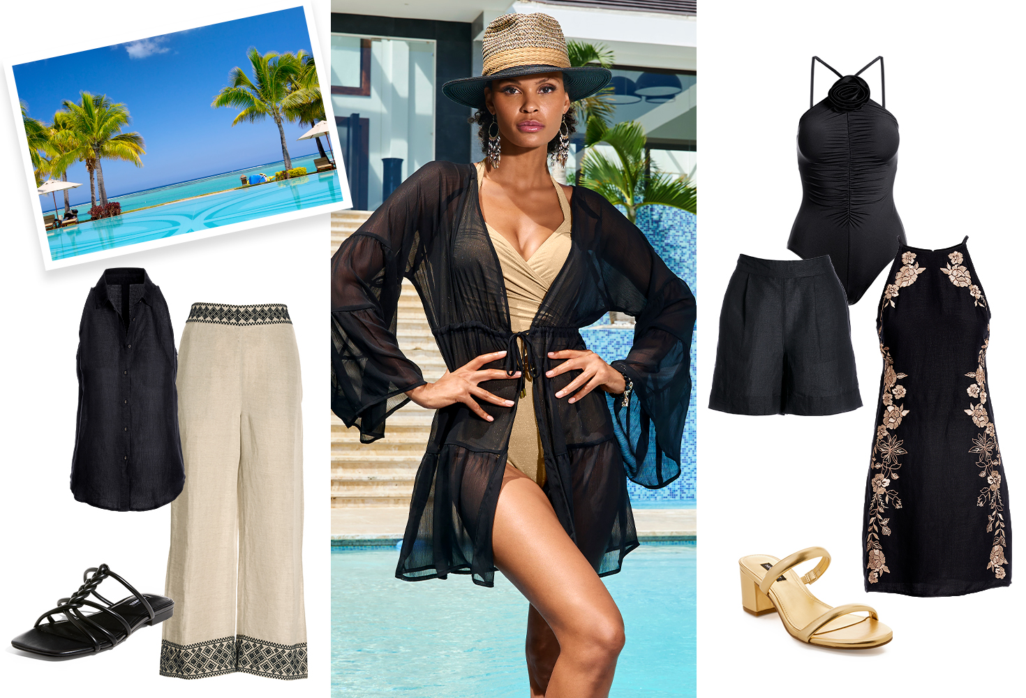 Photo collage of four outfit options for you weekend in paradise. Linen black top, linen black embroidered pants with black sandals. Models wearing gold metallic one piece with black sheer cover up and a matching hat. Swim suit option of black rosette one piece, linen shorts and a high neck dress and golden sandal.