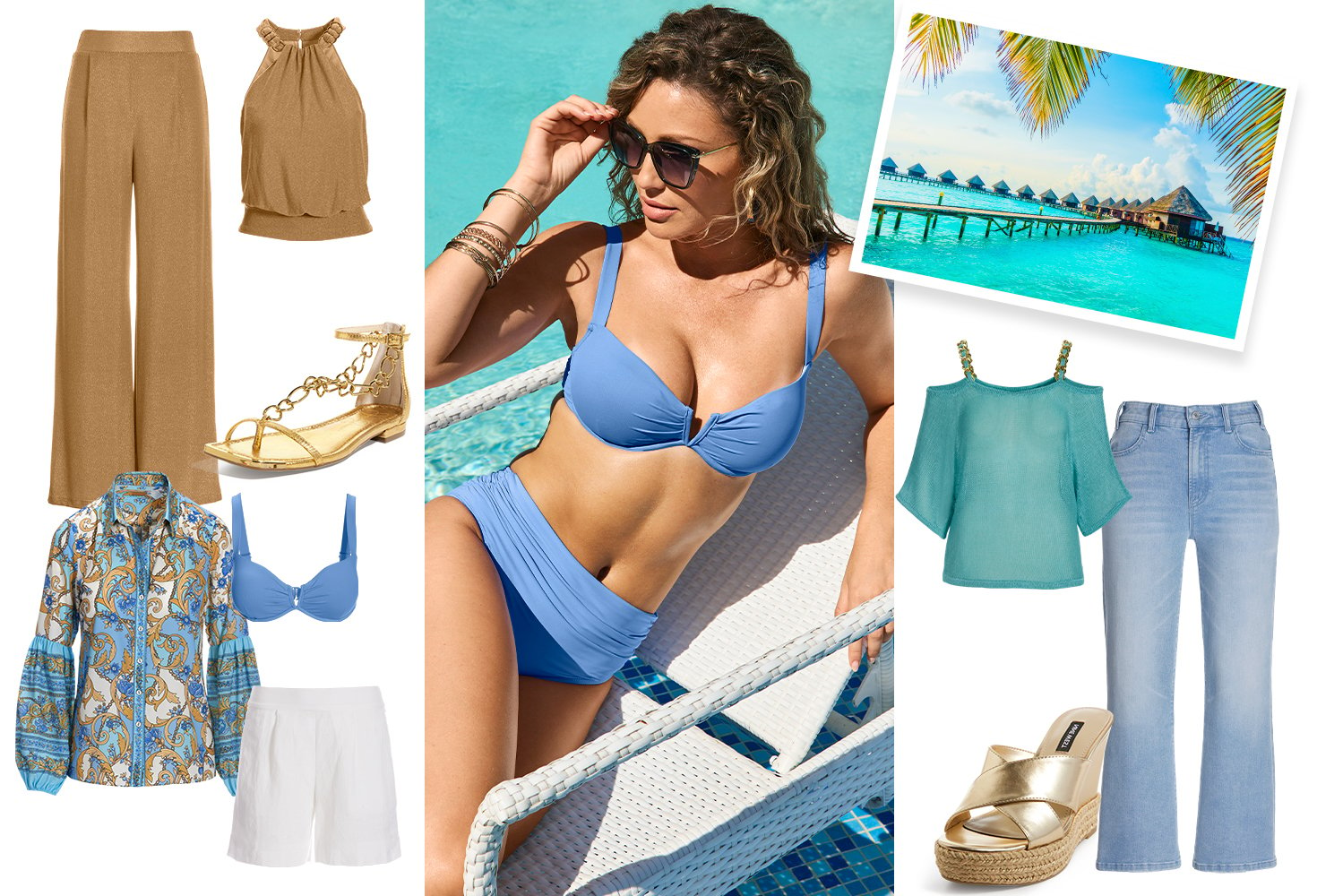 Photo collage of four paradise outfits. Gold metallic halter top with malibu metallic pants and chain detail gold sandal. Blue status print blouse, blue cornflower bikini top and white linen shorts. Models wearing cornflower blue bikini. Last outfit option is cold shoulder chain strap top, light wash jeans and gold metallic heels.