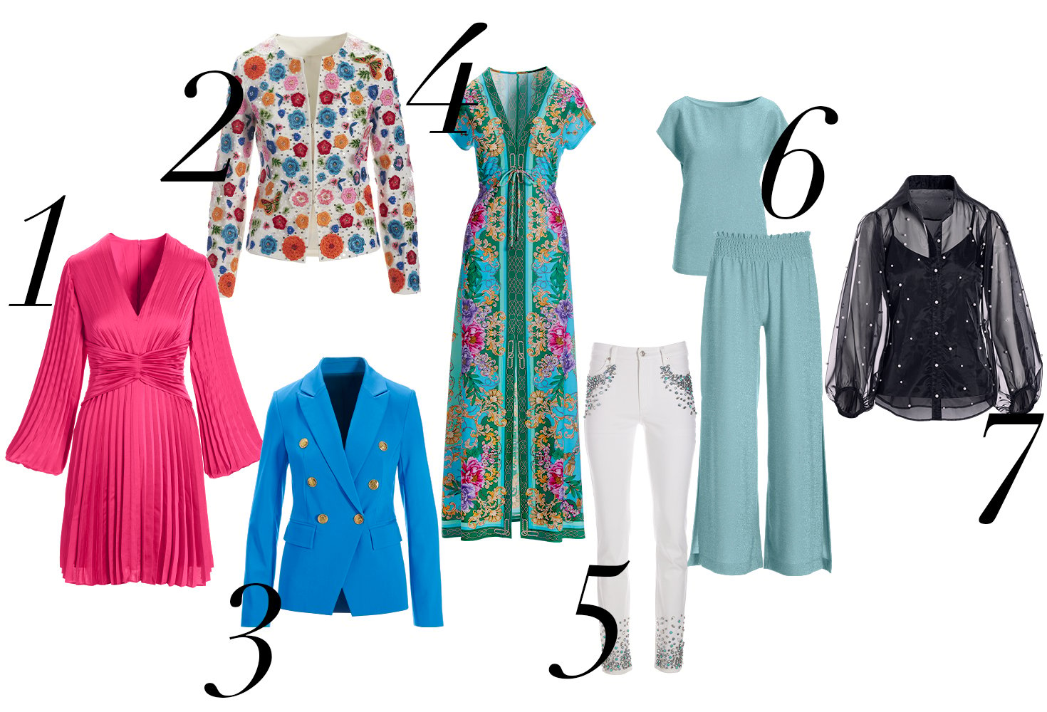 1. Pink pleated long-sleeve v-neck short dress. 2. Floral and butterfly embellished multicolor jacket. 3. Blue double-breasted blazer with gold buttons. 4. Scarf printed multicolor short sleeve maxi dress. 5. Turquoise and crystal embellished white jeans. 6. Light blue matching lounge set. 7. Pearl embellished black organza sheer button-down top with black tank top underneath.