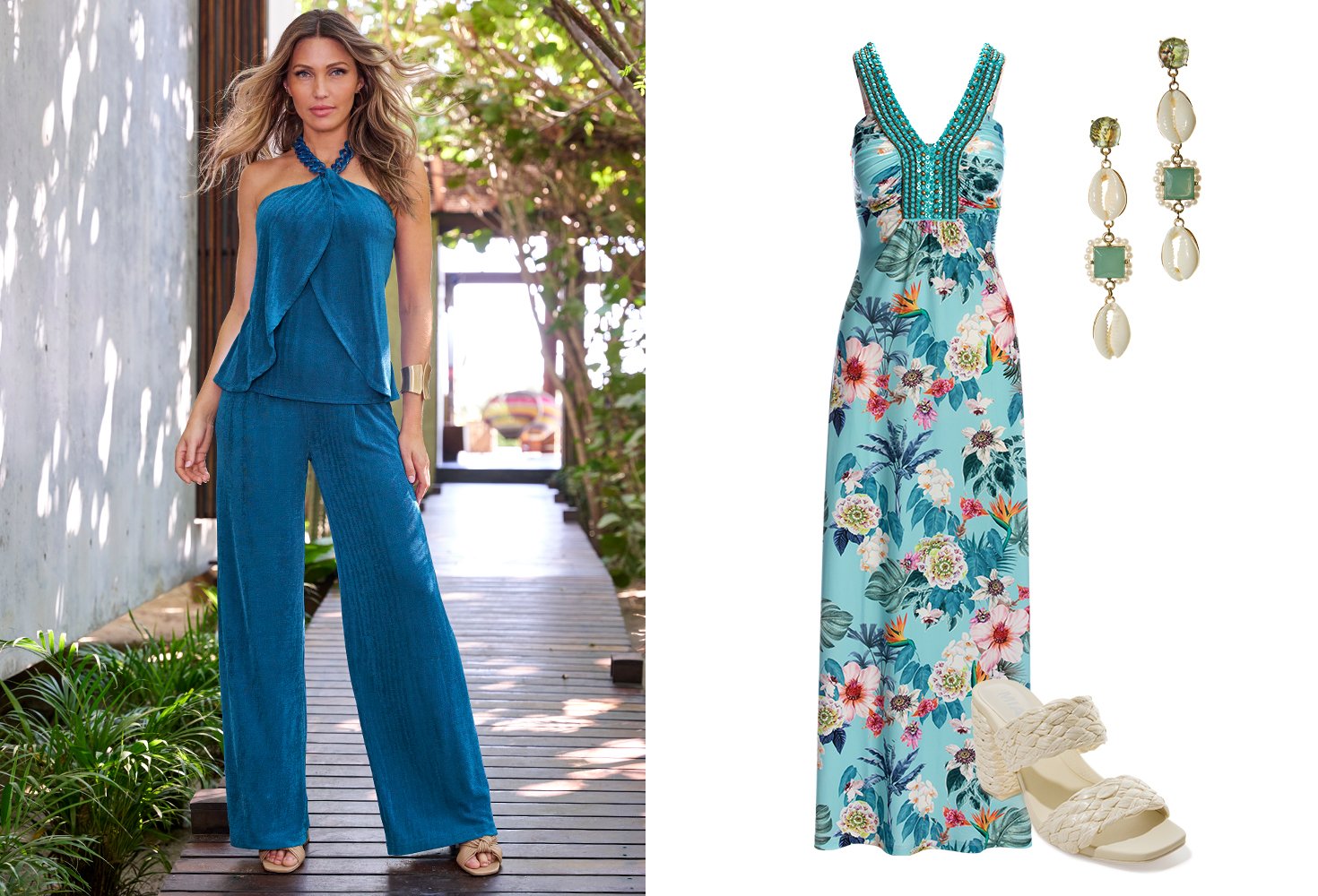 Left model wearing a blue chain halter-neck drape top, matching wide leg pants, and knotted block heels. Right panel: blue floral print sleeveless embellished maxi dress, off-white raffia banded block heels, and green jewel earrings.