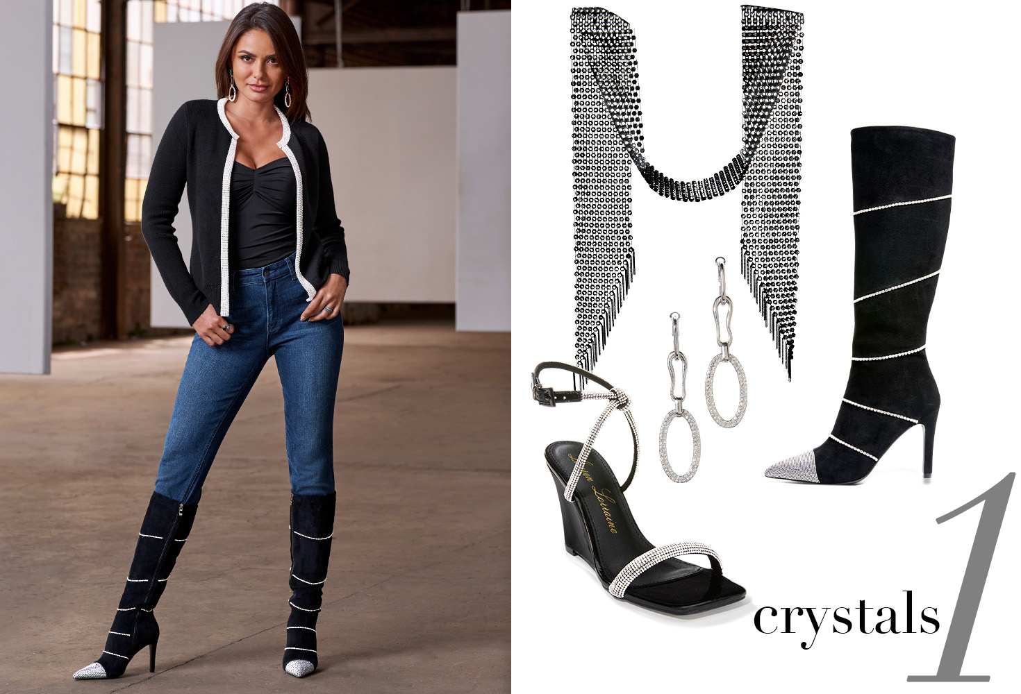 Model wearing black and embellished sweater, black top, Newport slim straight jeans and black and embellished knee high boots. Photo includes silver crystal earrings, knee high black and embellished boots, strappy black and embellished heel and a dramatic embellished scarf.