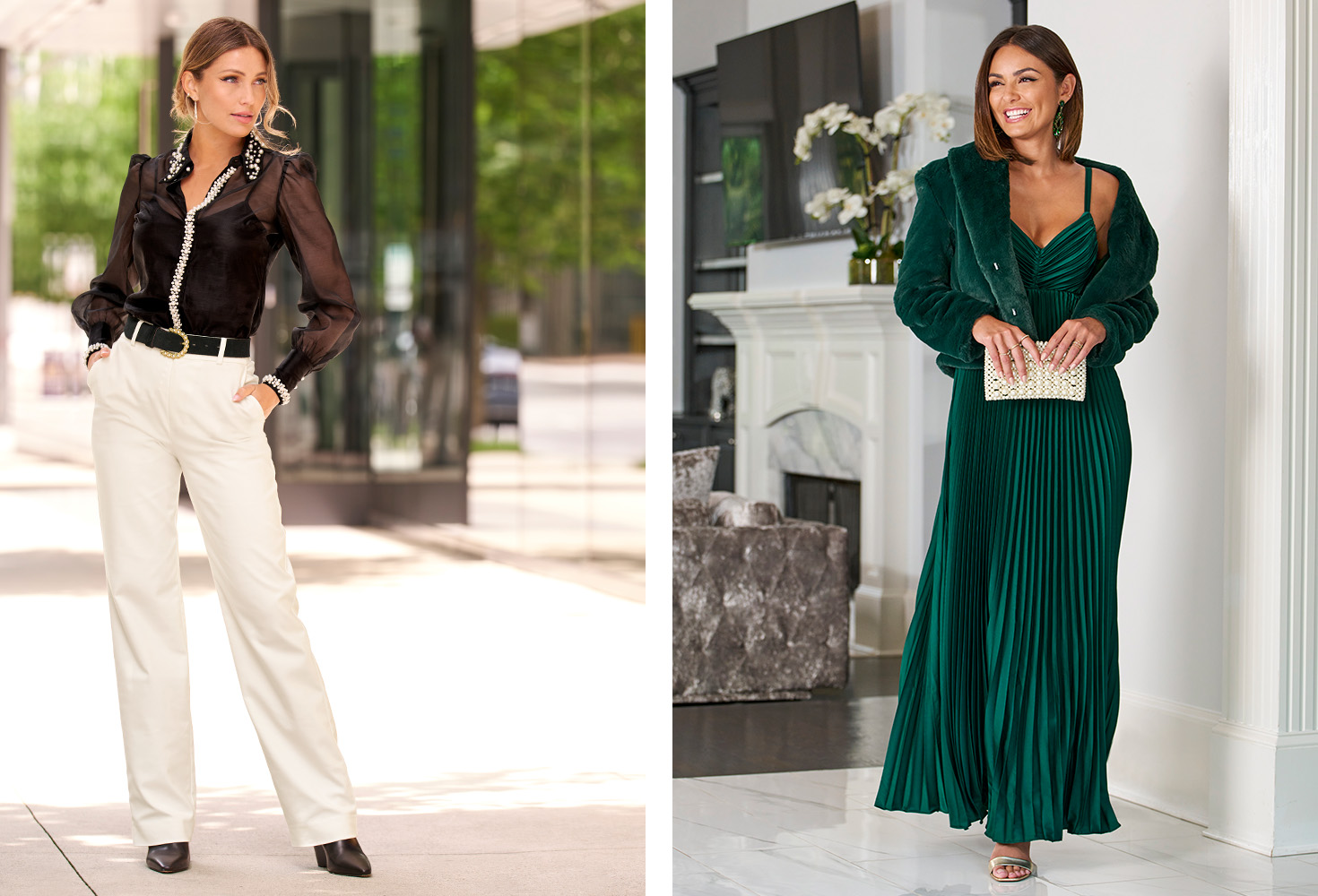 Model wearing black tank with sheer long sleeve and jeweled top with white denim and black boots. Model 2 wearing emerald floor length dress and plush emerald jacket.