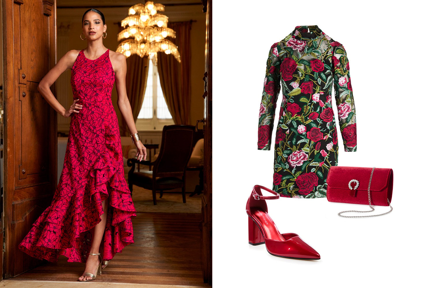 Model wearing red ruffle and lace dress with strappy gold heels. Winter floral long sleeve sheath dress with racing red clutch and metallic pointed heel.