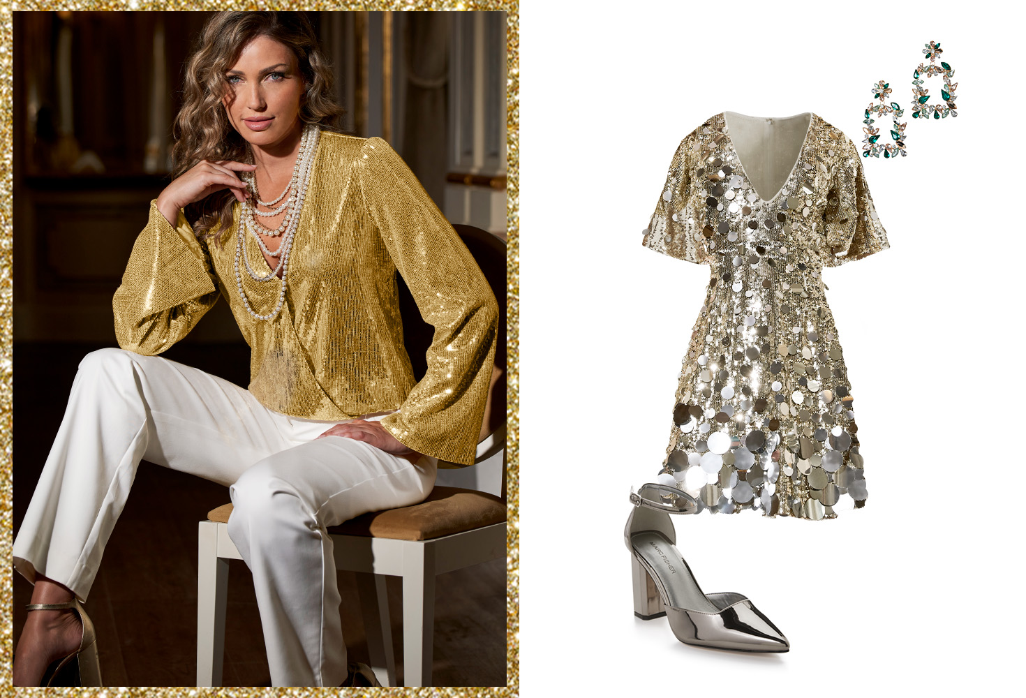 Model wearing gold sequin surplice blouse with white wide leg jean. Second photo of glam silver sequin dress, silver dangle earrings and pewter heels.